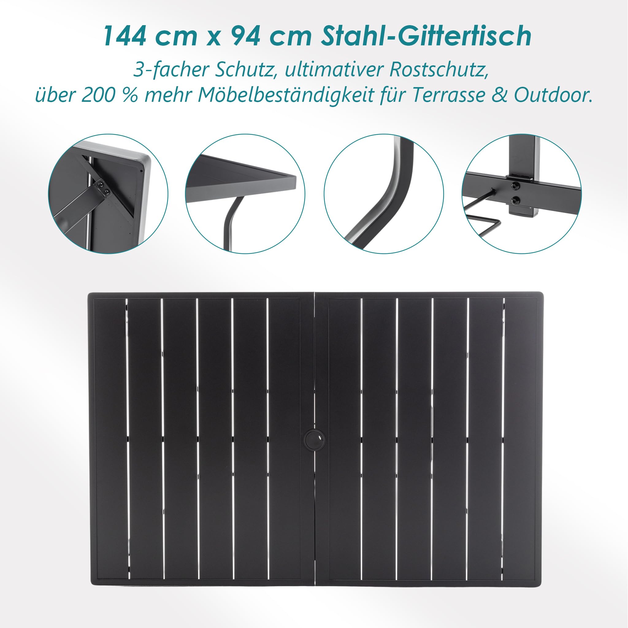 Thanaddo Gartentisch mit Schirmloch für 6 Personen, Wetterfest Terrassentisch aus Stahl, Draussen Metall Tisch Gartenmöbel 150x94 cm Gartentische Campingtisch für Garten Balkon Outdoor, Schwarz