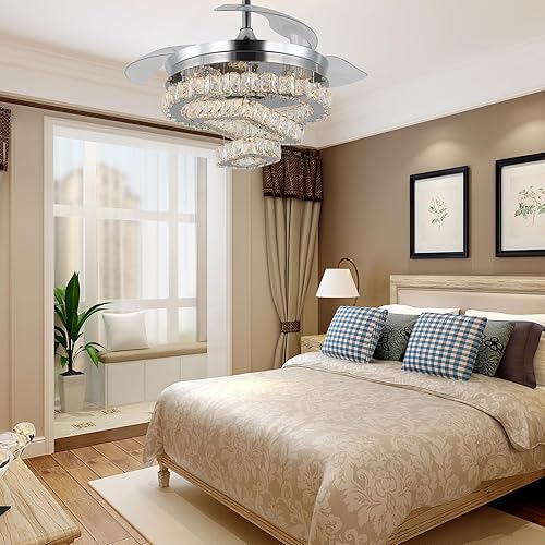 Miniatura 3 de Jenvkoil Ventilador de techo de 42 pulgadas con luces con control remoto regulable de cristal para candelabro, aspas retráctiles, ventiladores de