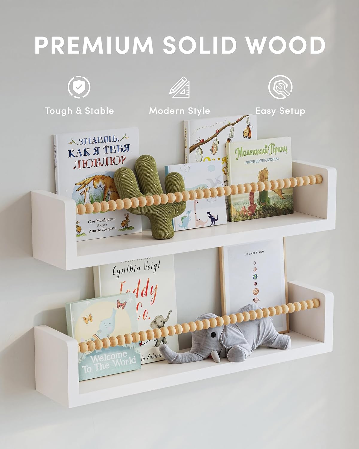 Nursery Floating Shelves for Wall Set of 4, Wooden Nursery Book Shelves, Baby Room Wall Shelves for Nursery Decor, Kids Bookshelf for Bedroom, Girl & Boy Nursery Decor (White Wood, 16.5 Inches)