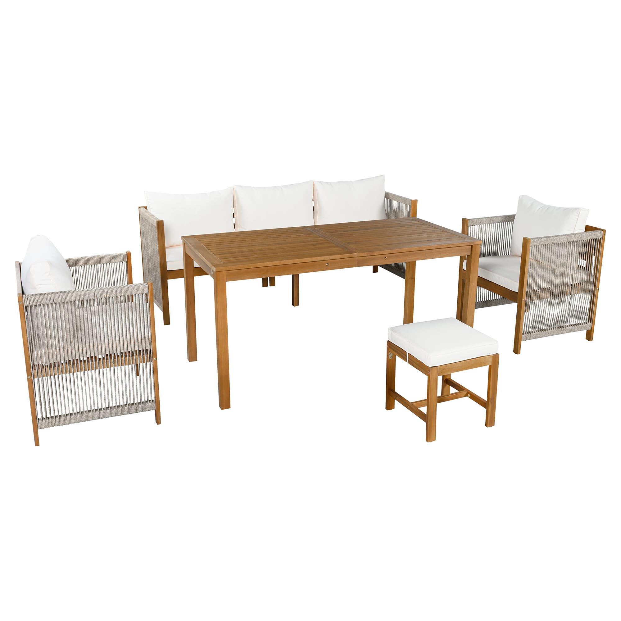 Set di 6 sedie da giardino, set di mobili da giardino, 3 divani, 2 divani, 2 sgabelli, tavolo da pranzo, tavolo in acacia (beige)