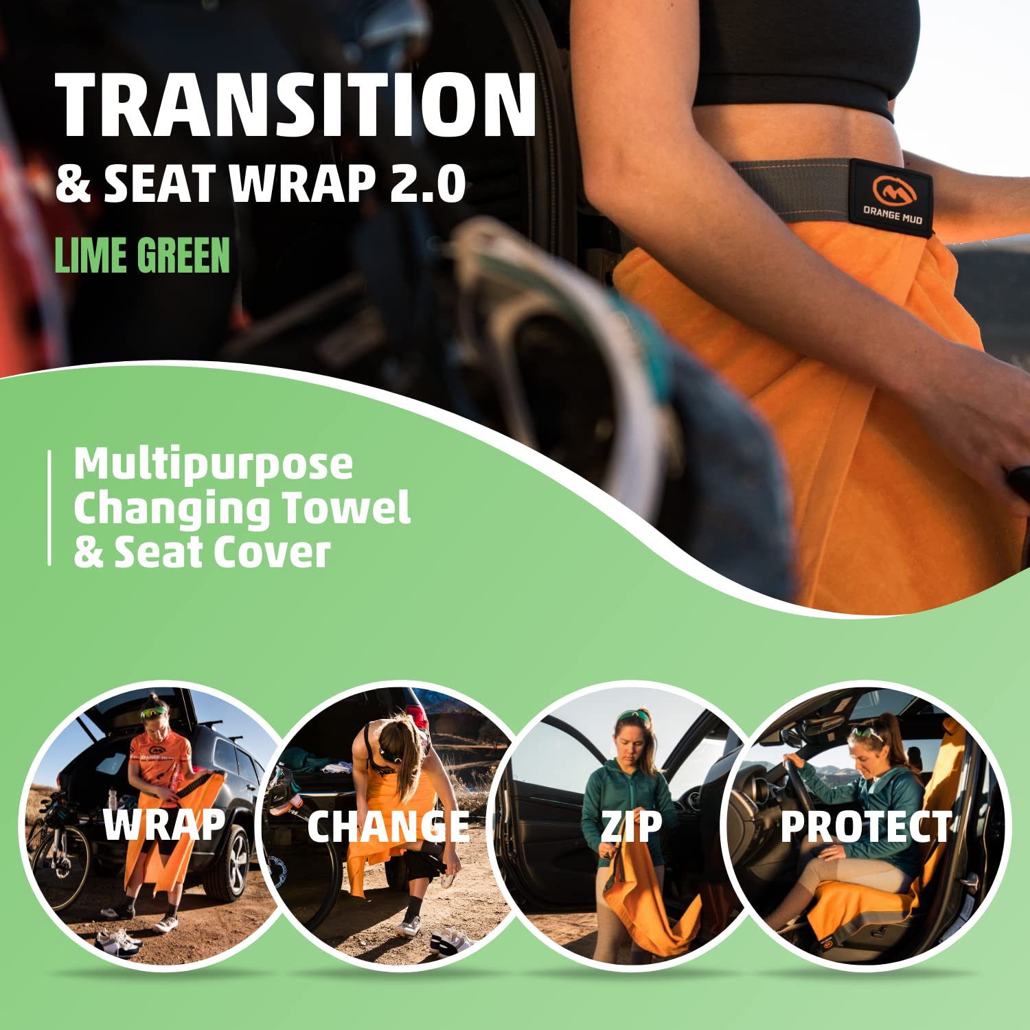 Orange Mud 3in1 Transition Wrap 2.0, Sporthandtuch + Autositz-Cover + Umzieh-Hilfe, Farbe schwarz, Black (Lime Green) | Auto-Sitzbezug, Wickelkilt, Mehrzweck-Handtuch, schnelltrocknendes Wickeltuch für Sportler und Outdoor-Aktivitäten