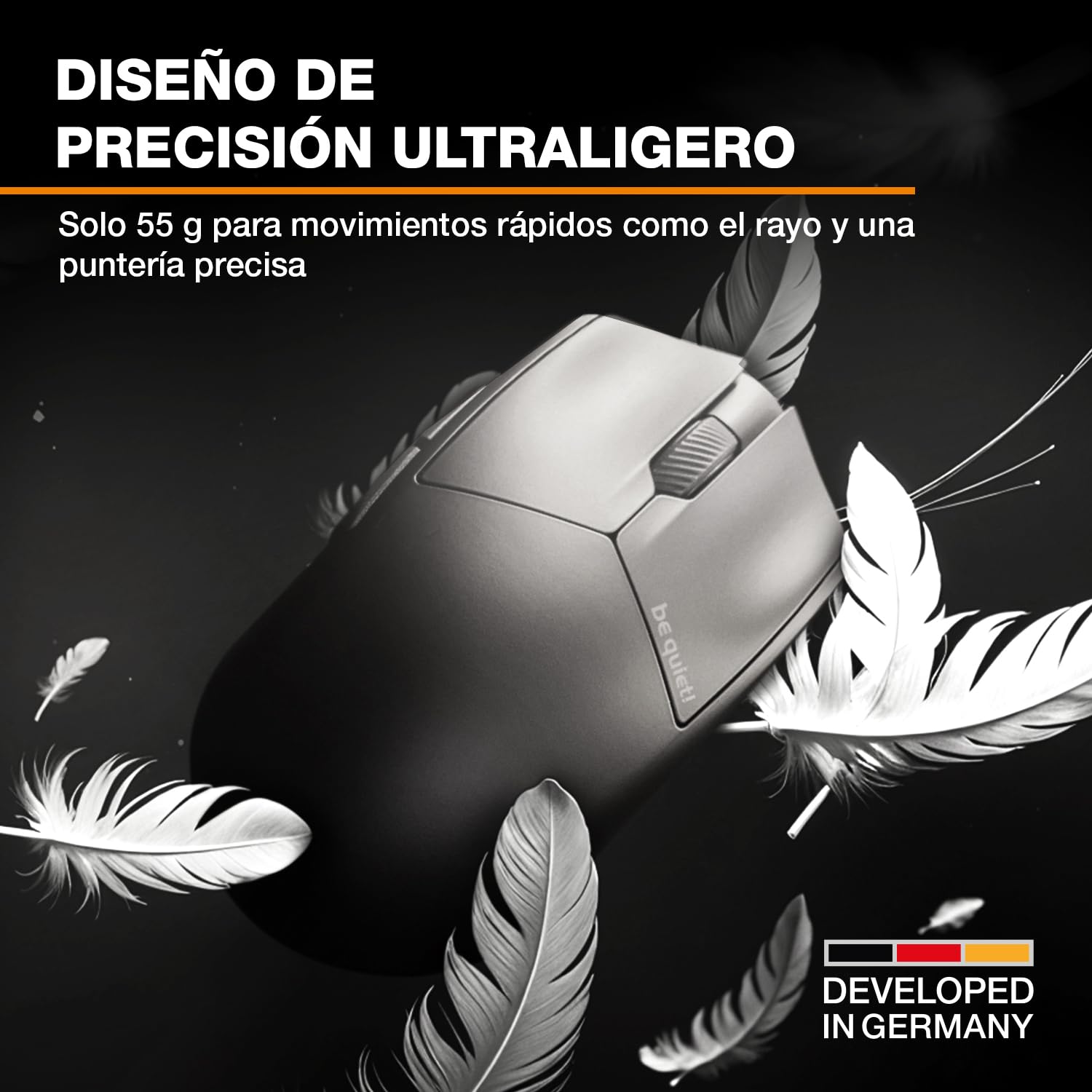 be quiet! Dark Perk Ergo Ratón ergonómico para PC, 55g de Peso Ligero, batería inalámbrica de Ultra Larga duración, tasa de sondeo de 8,000 Hz, Sensor PixArt PAW3950, 32,000 dpi, Interruptor 70m