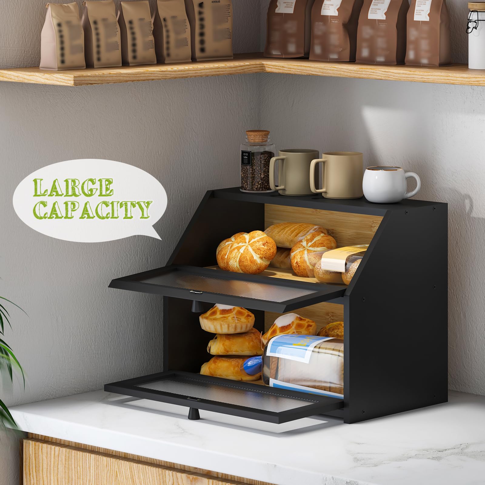 BMOSU Brotkasten für Küche, Brotaufbewahrung und Organizer, Bauernhaus, Arbeitsplatte, Brotbehälter mit Milchglasfenster, Brotbox, doppellagig, Bambus, Holz, schwarz), Selbstmontage