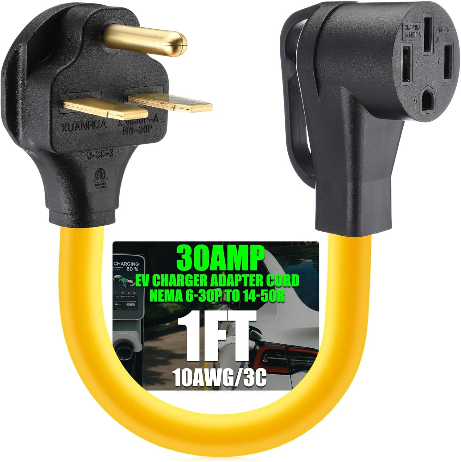 Kanayu NEMA 6-30P to 14-50R EV Charger Adapter Cord 30 Amp Welder to 50 Amp EV for Level 2 Charging, 3 Prong Male to 4 Prong Female Power Adapter for EV Charger, STW 10 AWG/3C, 1FT, ETL Listed