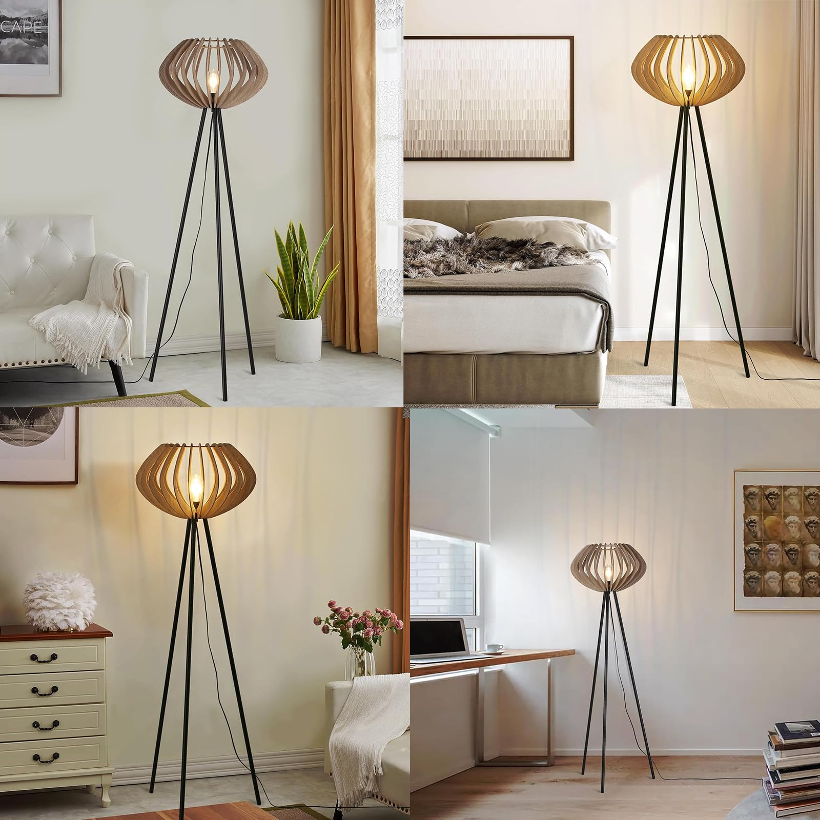 Alpinaluz Lampadaire Trépied Noir – Abat-Jour en Bois Laminé Ø48 cm, Hauteur 152 cm, Douille E27, Câble 3,8 m avec Interrupteur au Pied pour Salon ou Chambre