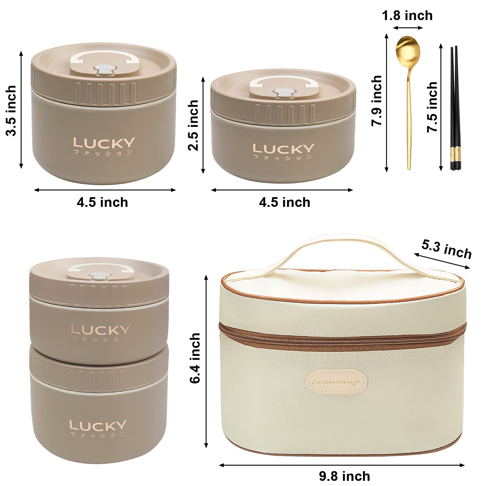Juego de contenedores de almuerzo portátiles aislados, caja Bento para adultos con bolsa de almuerzo aislada, 4 contenedores térmicos apilables separados para adultos, color marrón 2