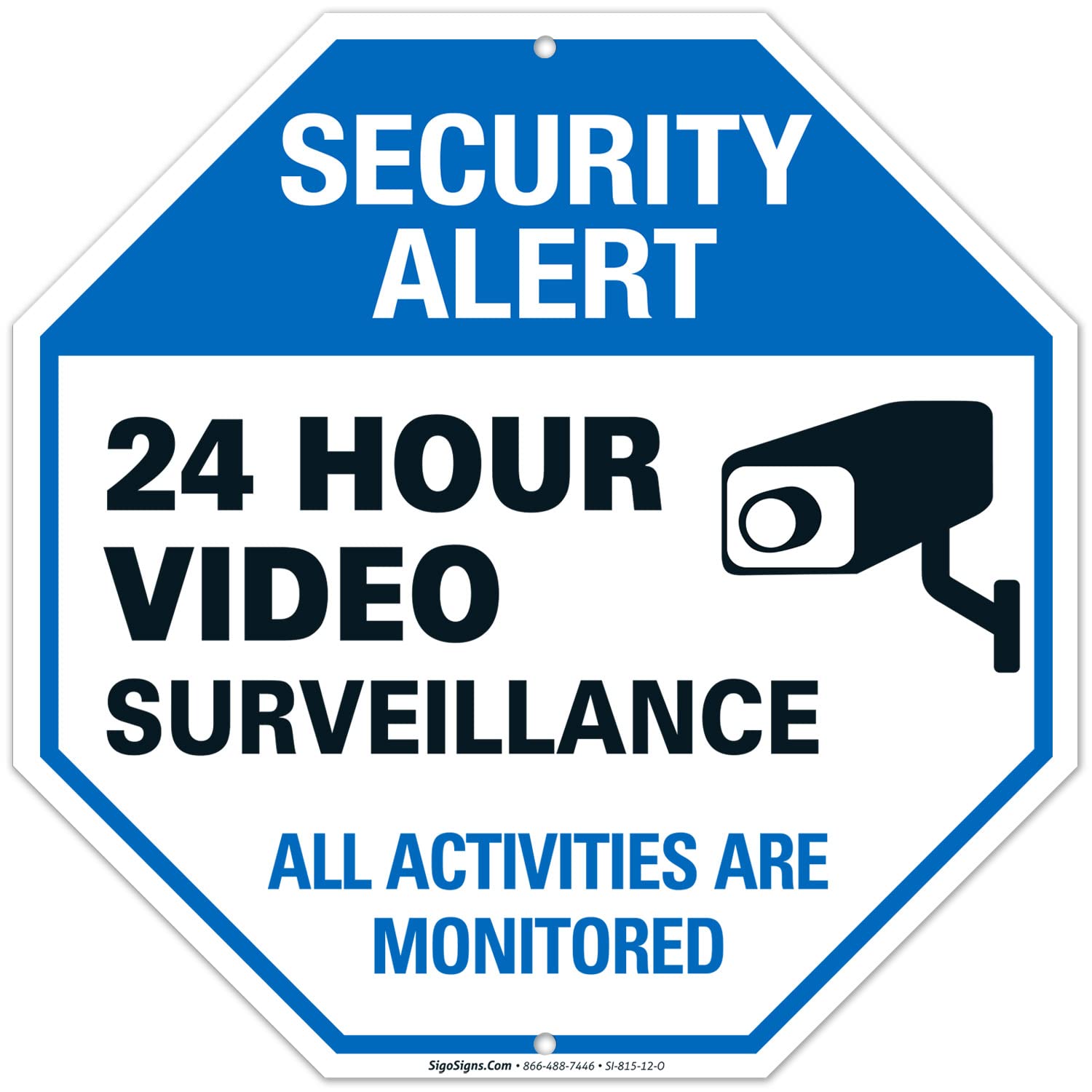 Video surveillance sign – CCTV – 24 horas vigilancia todas las actividades se controlados – Señal de alerta de seguridad leyenda grande 12 X 12 octogonal 0,40 libre de óxido aluminio señal