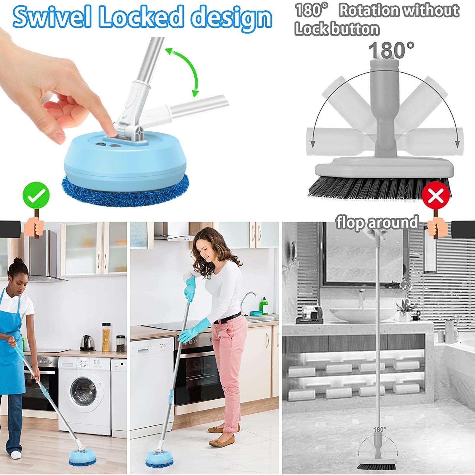 Fuerador de baldosas inalámbricas, Cepillo de fregado eléctrico Mango Largo | Cleaner de fregado de bañera de holeta pesada para baldosas, piso, ventana