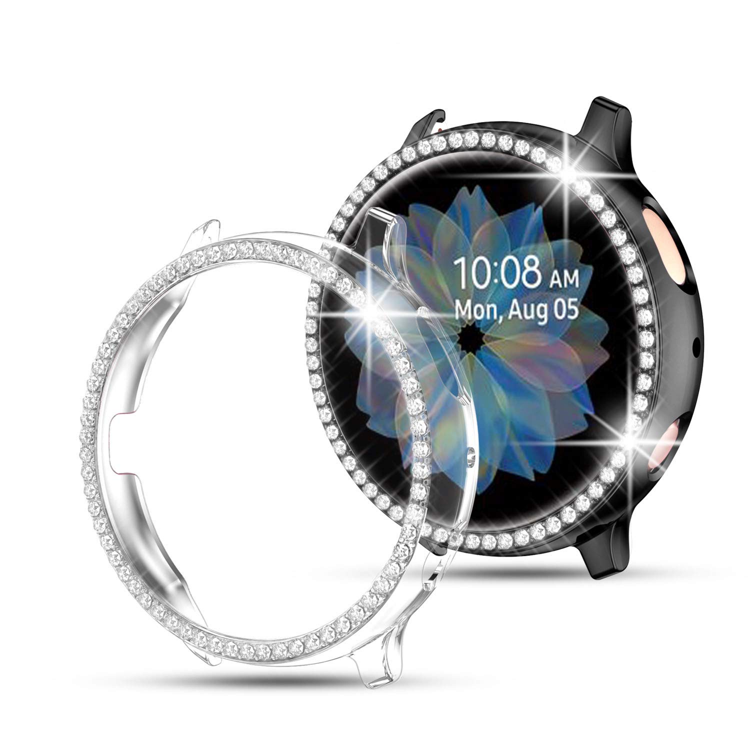 Youmaofa Compatible with Samsung Galaxy Watch Active 2 40mm Screen Protector Case, （2 Pack) Built-in HD Screen Protector Bling Crystal PC Plated Bumper Cover Full Protective Case, Clear/Black