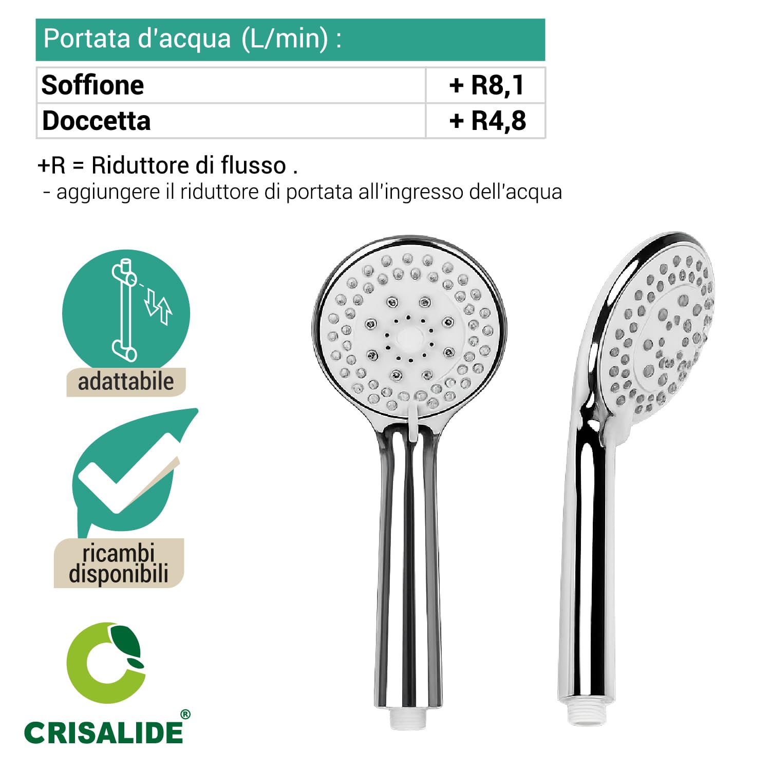 Crisalide® - Ducha Mix cromada con alcachofa Ø 20 cm, ducha 3 chorros y barra ajustable, columna de ducha de acero cromado y ABS con desviador y toma de agua 1/2"