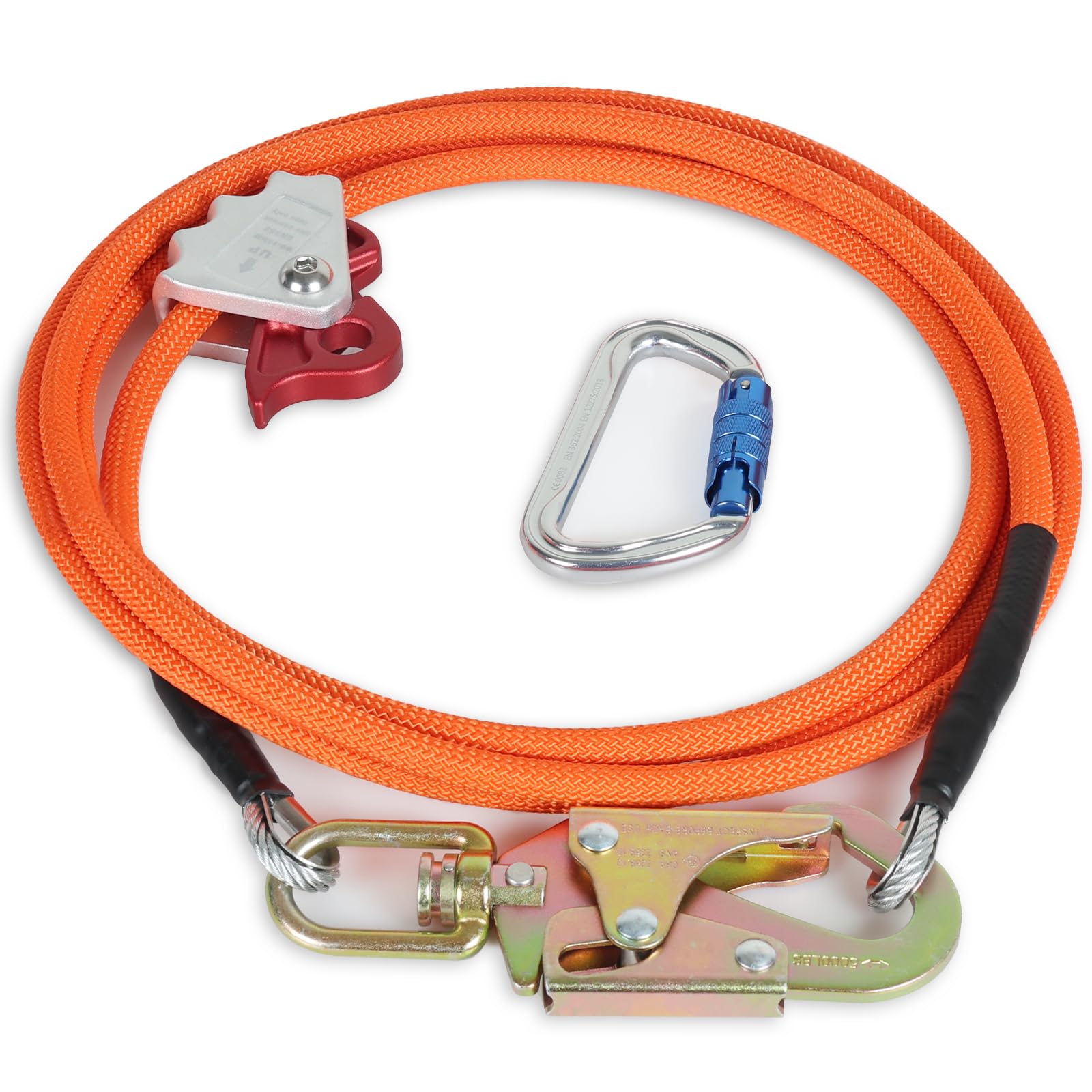 Triple Lock Equipped Flip Line - 1/2" x 12ft Orange, with Swivel Snap & Rope Grab for Work Positioning