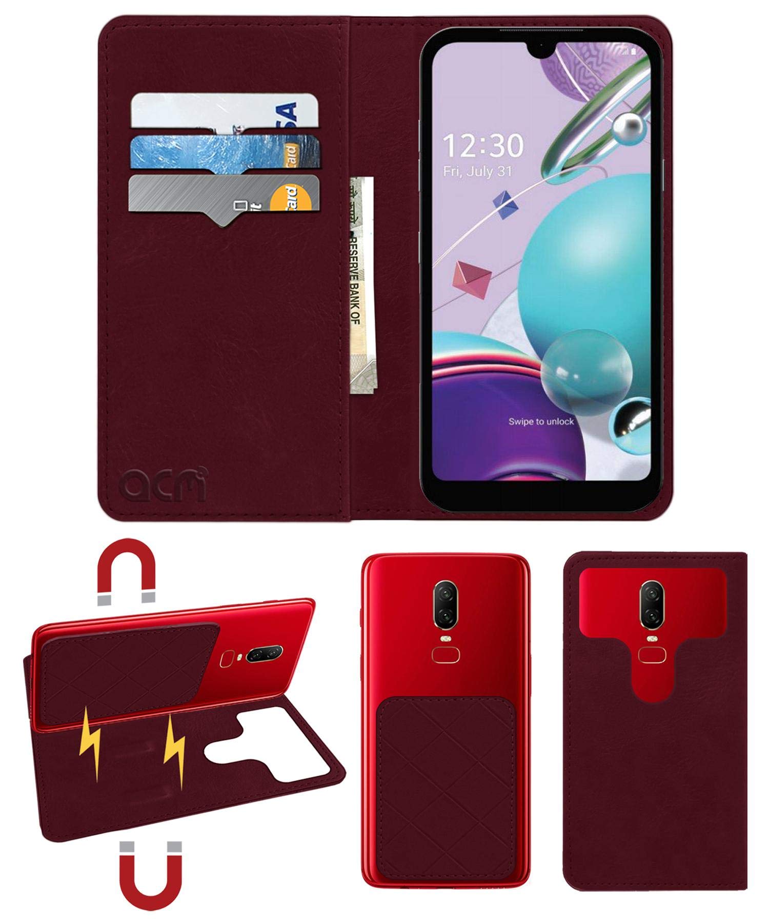 ACM Magic Magnetic 2 in 1 Leather Flip Case/Back Cover Compatible with Lg Q31 Mobile Flap Wine Red