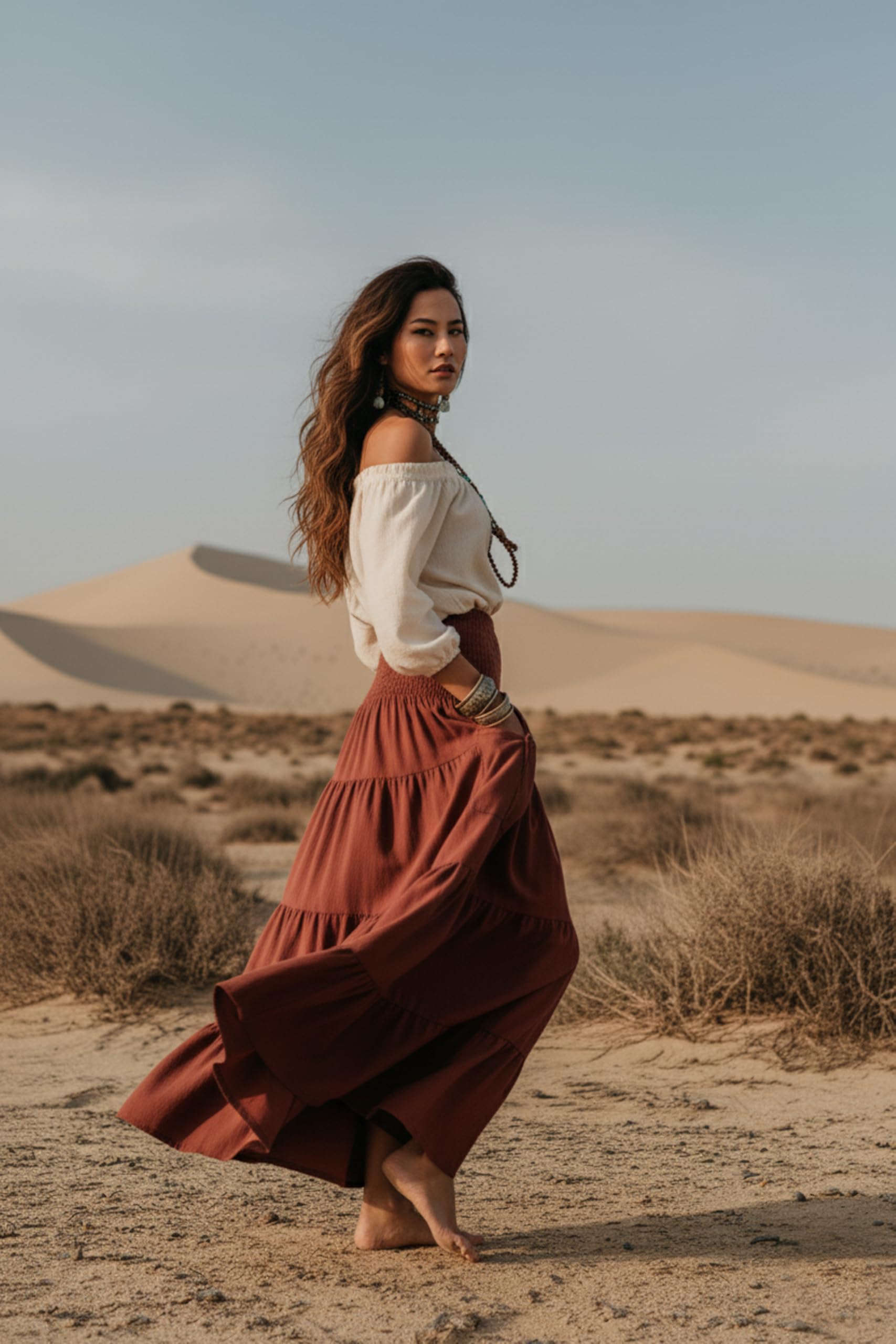 Thaluta Maxi-Boho-Rock, lange Taschen, Baumwolle, Hippie, Bohemian-Stil, elastische Taille, Zigeuner-Rock