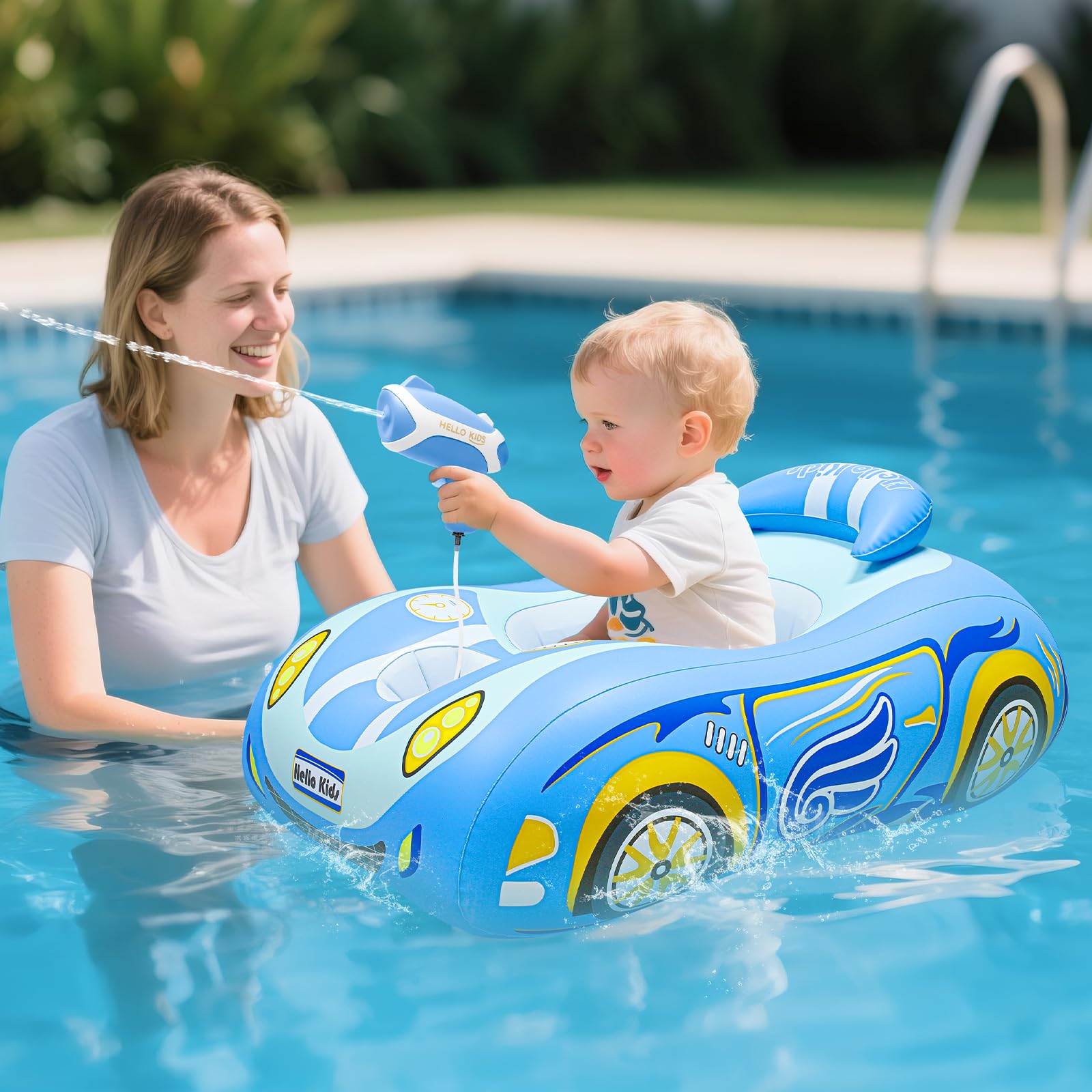 Automatic Water Gun with Toddler Pool Float, Inflatable Car Baby Swimming Float, Pool Toys for 1-4 Years Old Girls Boys Kids Blue-1pack