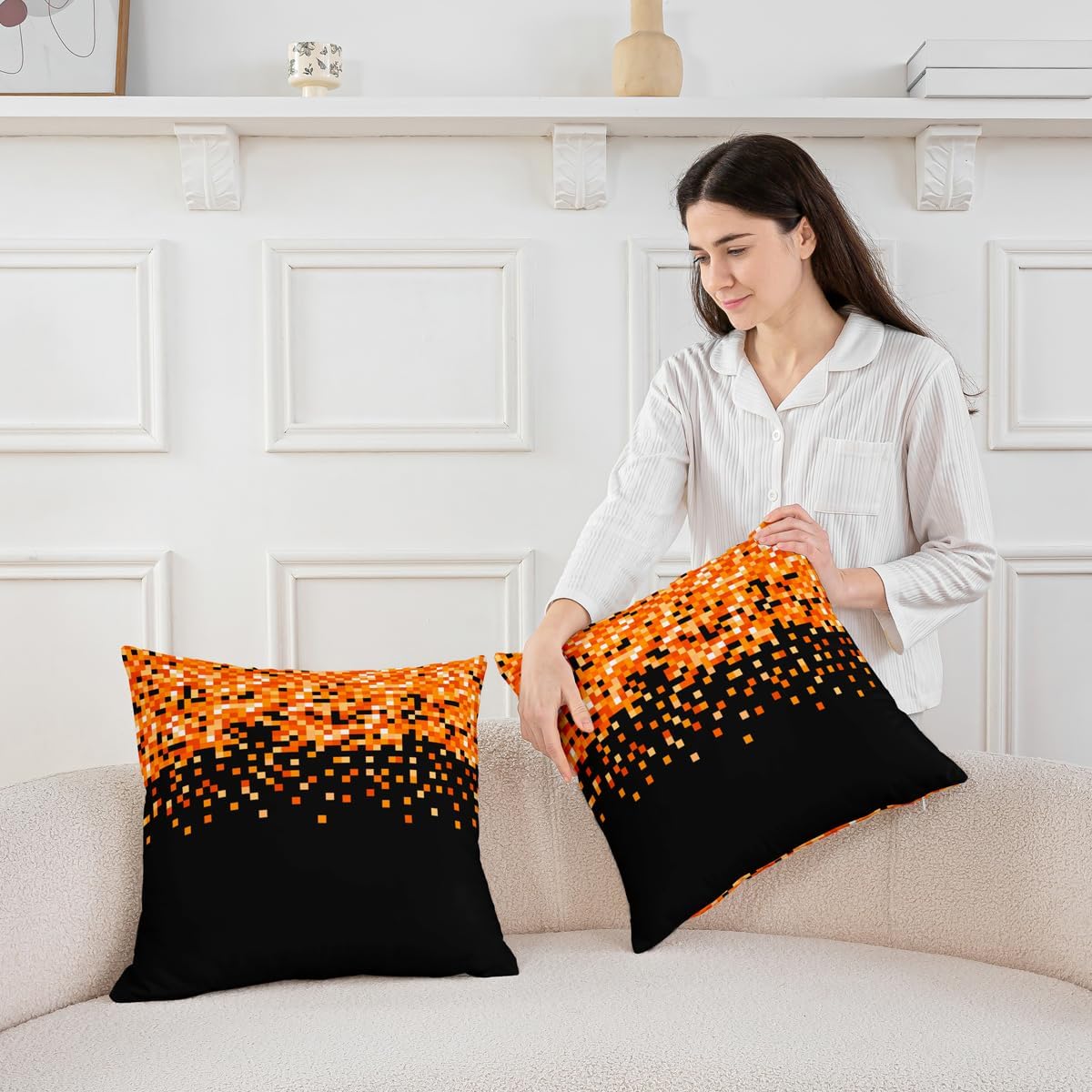 Video Games Throw Pillow Covers (Pack of 2),Orange Pixel Block Cushion Cover for Kids Girls Boys Miner Themed Gaming Pillow Cases Modern Black Living Room Sofa Bed Decor,16" Lx16 W image 3