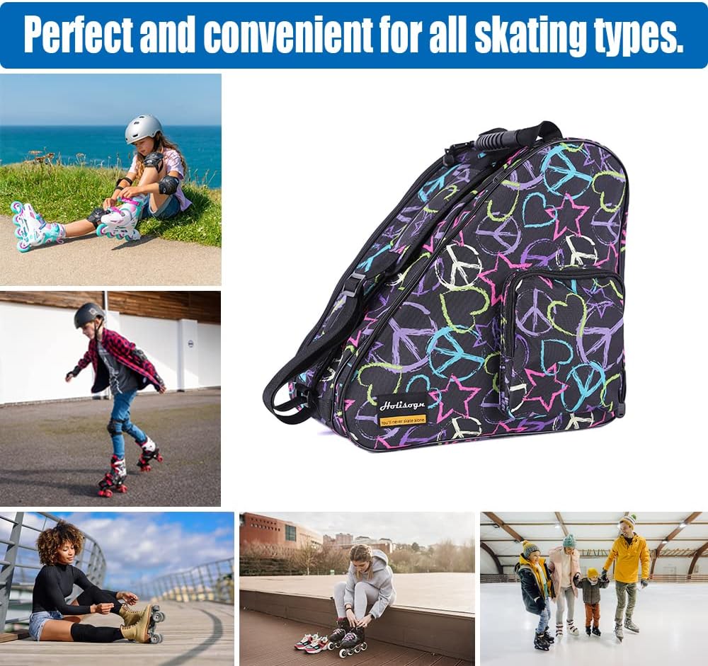 Holisogn Ice, Figure, Inline and Roller Skate Bags, Premium and Fashion Bags for child, kids, teenager, adult with all sizes (Peace & Love Black HLS002) : Sports & Outdoors