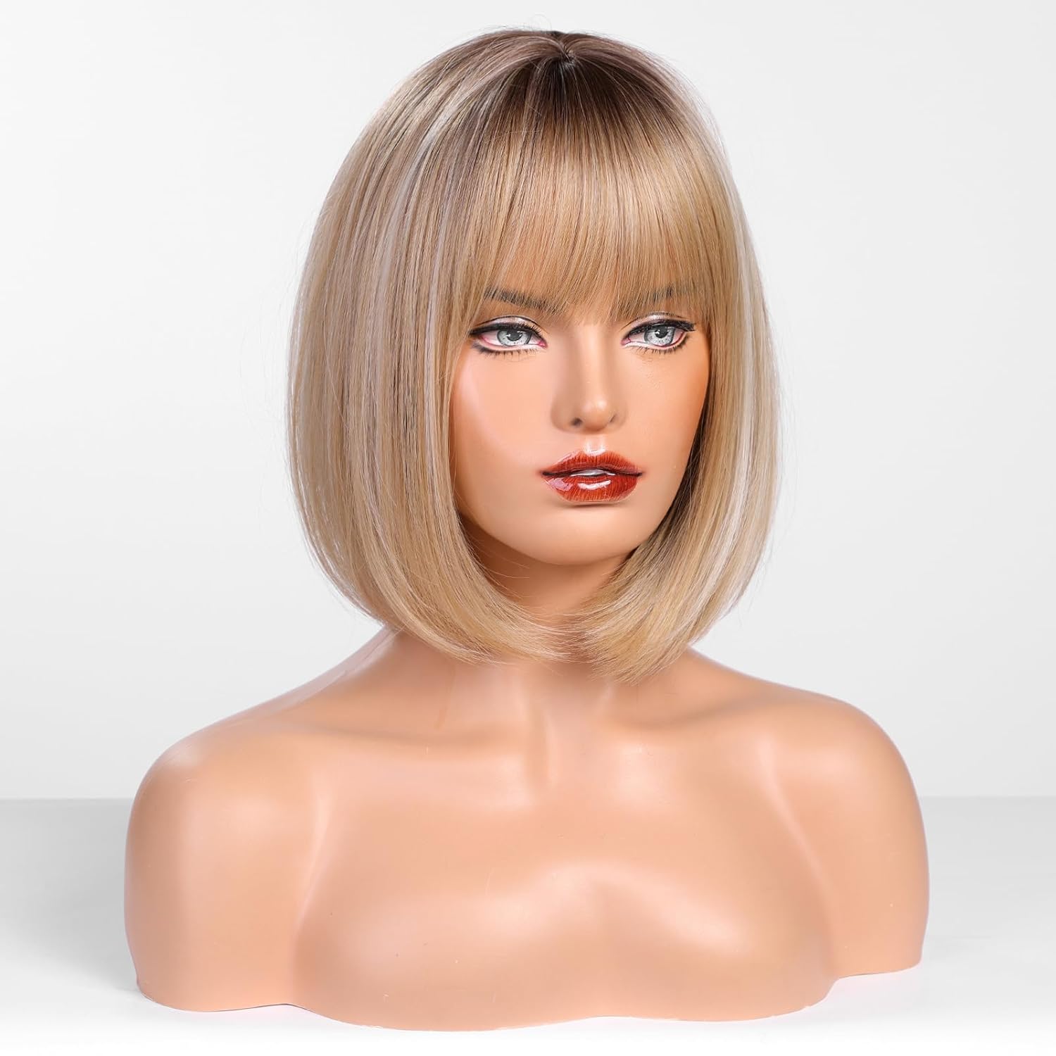 HAIRCUBE Bob Wig Short Ombre Blonde Wig with Bangs,Shoulder Length Synthetic Wigs for Women,Highlight Wigs for Daily Use - Image 2