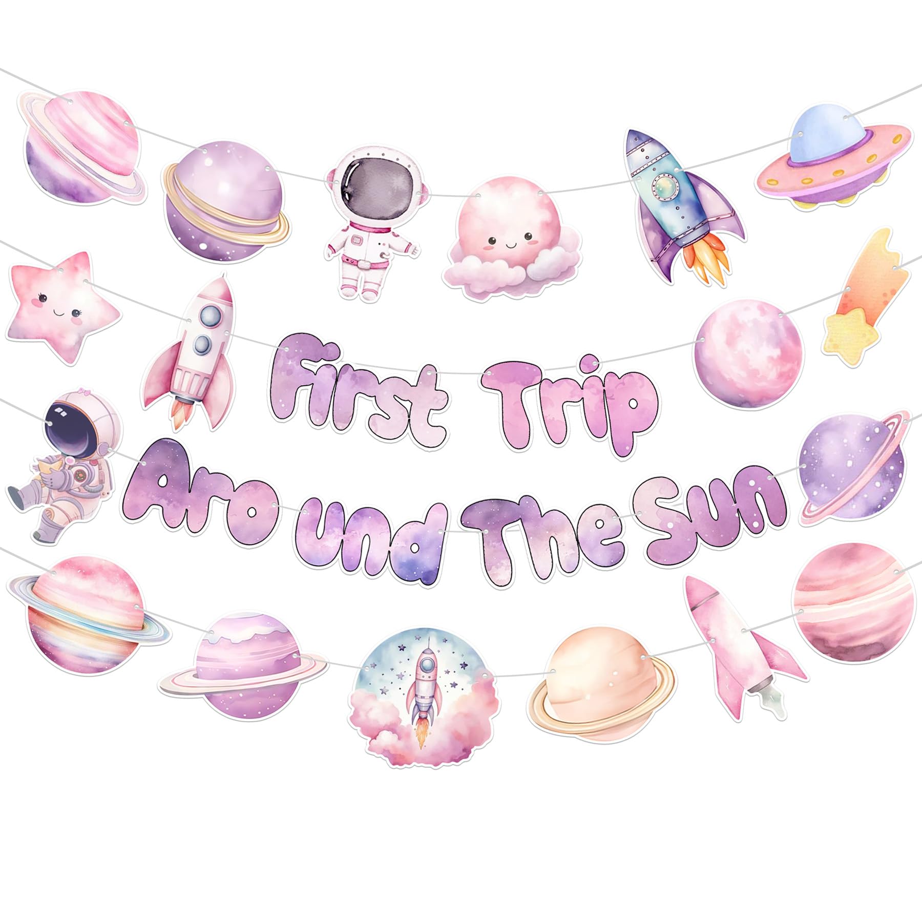 KARAQY Outer Space First Birthday Party Banner, 4 Pcs First Trip Around The Sun Banner Hanging Garland for Girls 1st Birthday Party