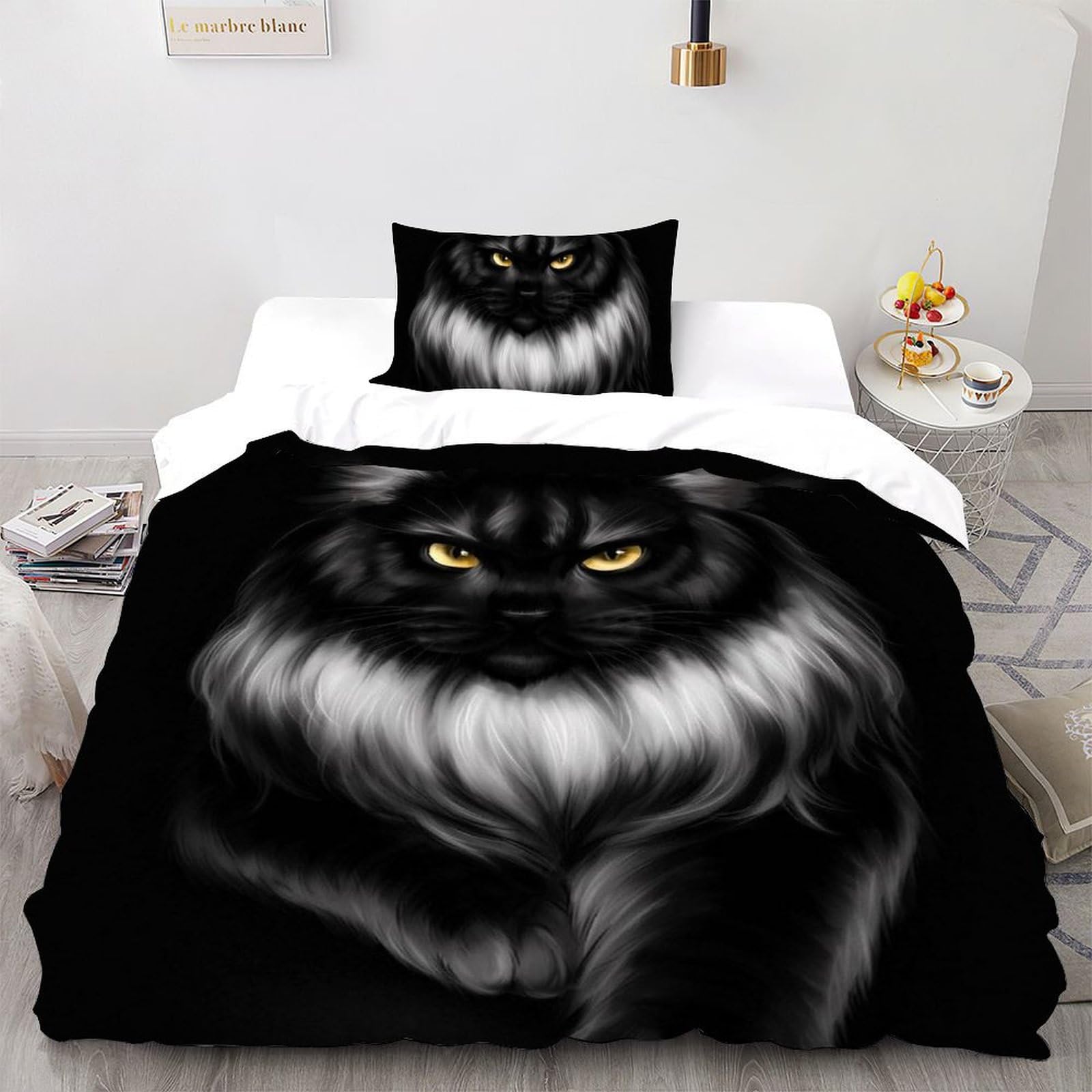 Housse de couette chaton noir microfibre animaux 135x200 cm fermeture éclair