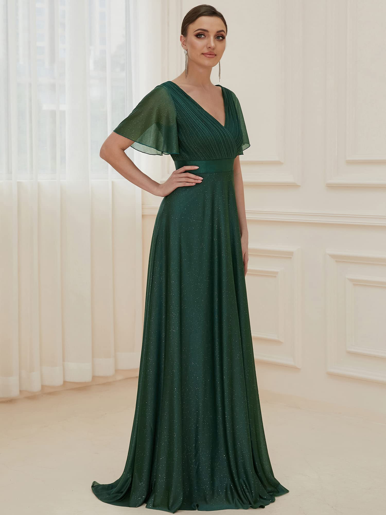 Ever-Pretty Vestido de Fiesta A-línea Largo para Mujer Escote en V Manga Corta Plisado con Lentejuelas Verde Oscuro 44