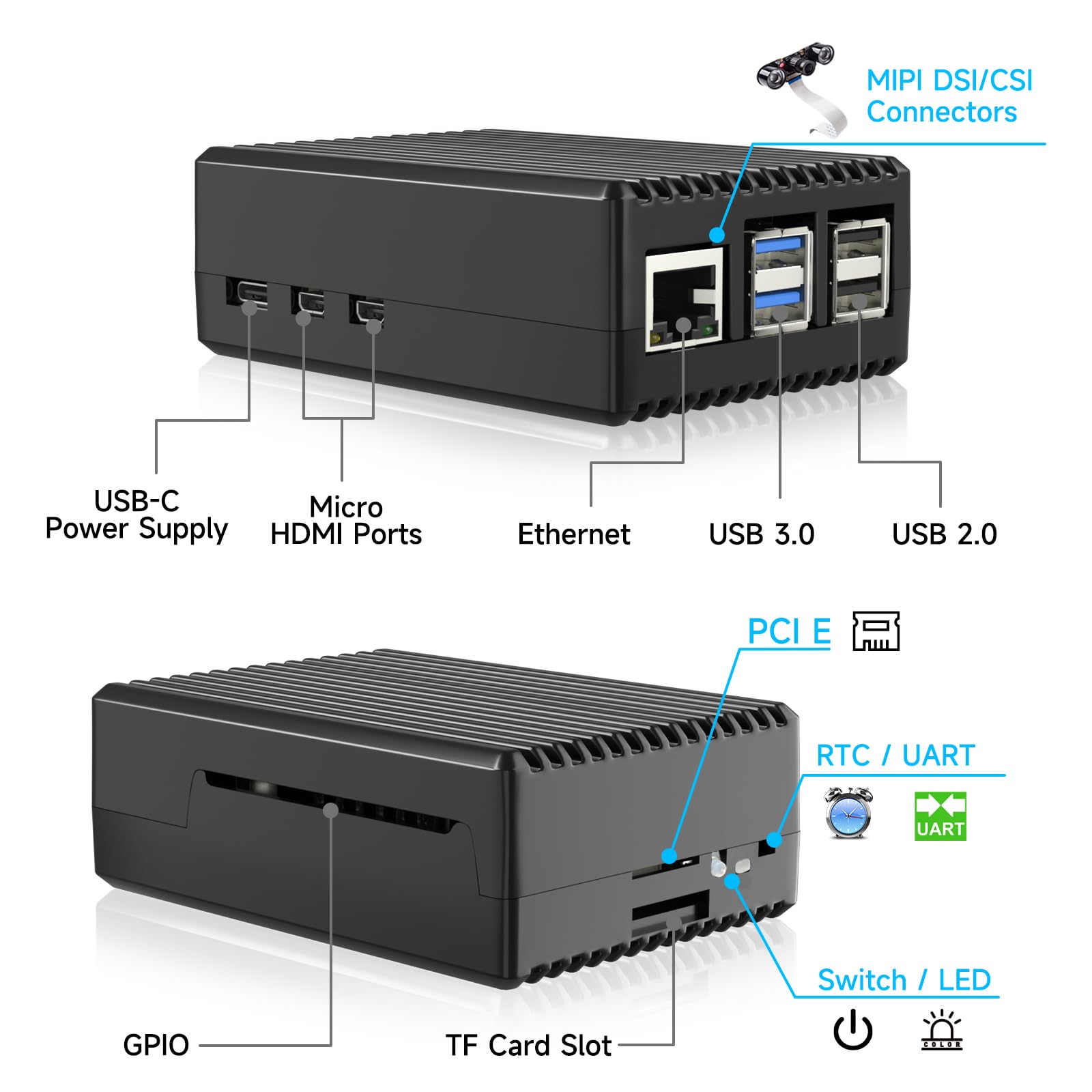 Miuzei Aluminiowa obudowa do Raspberry Pi 5, Heavy Duty z wkładami chłodzącymi do Raspberry Pi 5 16/8/4 GB, czarne paski, cicha praca