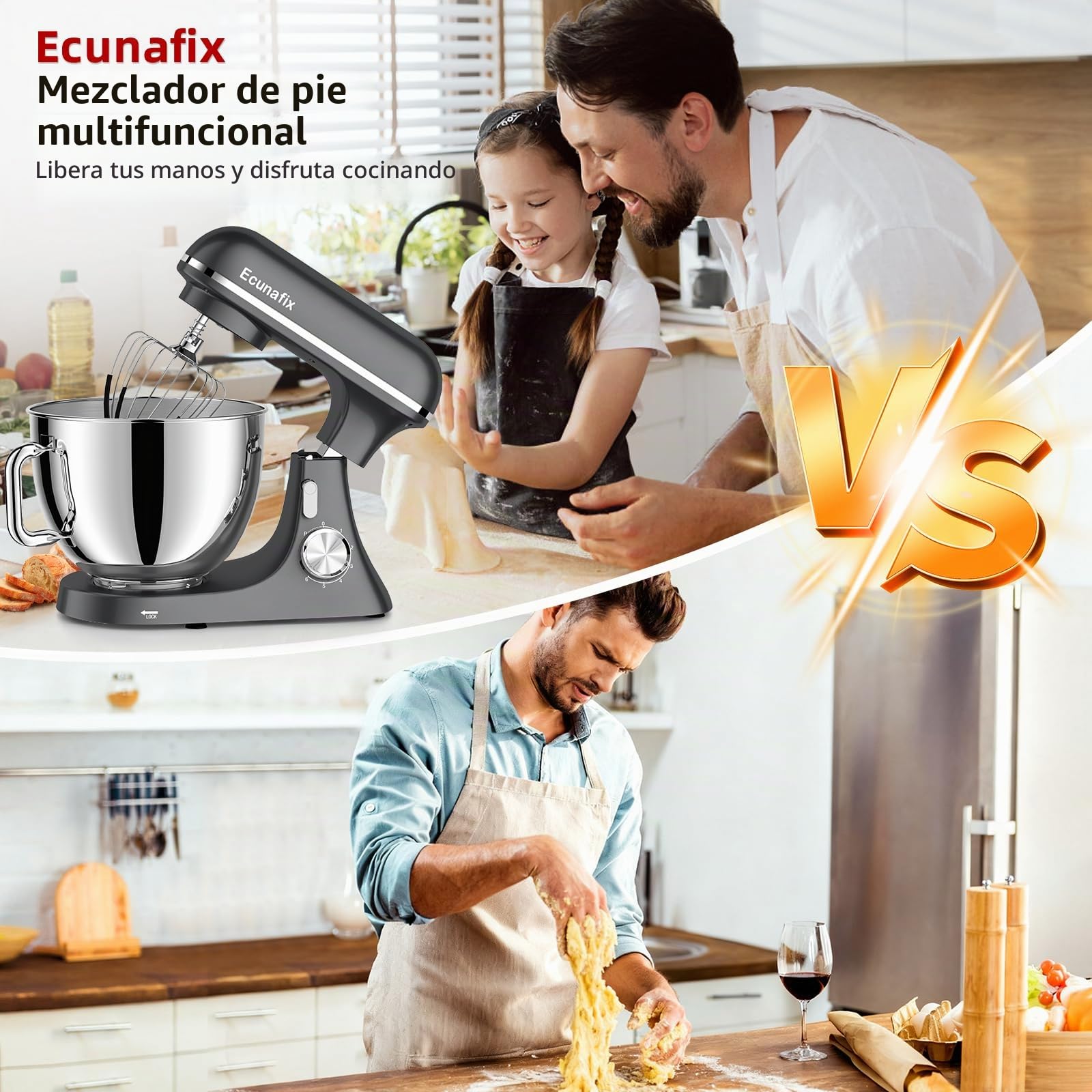 Batidora Amasadora 2000W 8L Robot de Cocina Amasador Multifunción | Bol de Acero Inoxidable, Batidor, Gancho para Masa, y Varillas, Raspador Protector Antisalpicaduras, 6+P Velocidades