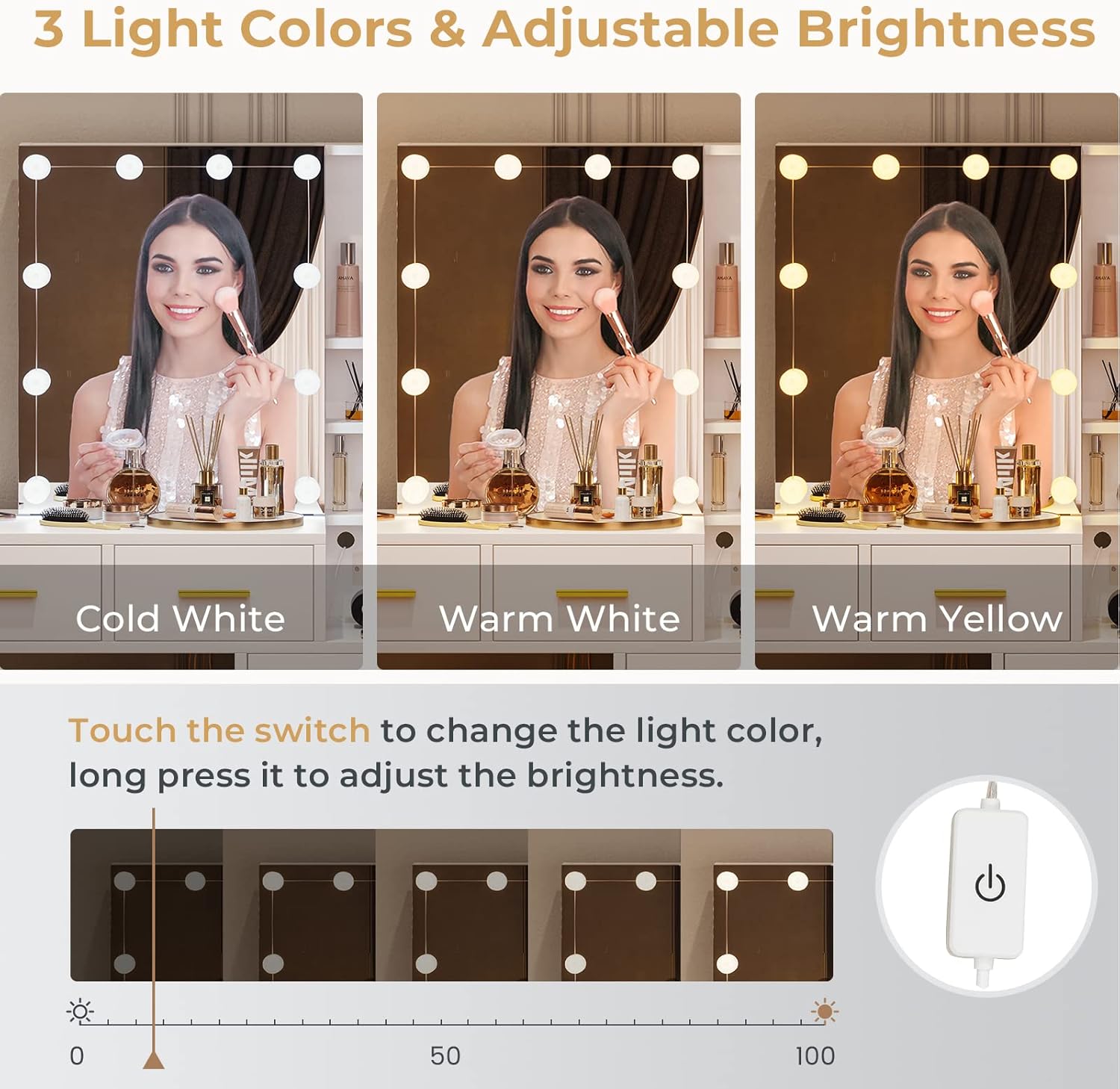 Illustration of the three light modes: Cold White, Warm White, and Warm Yellow, with brightness adjustment instructions.