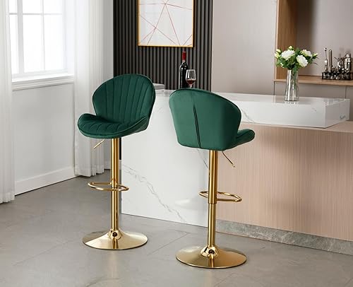 Miniatura 27 de Juego de 2 taburetes de bar giratorios modernos de terciopelo, de altura ajustable, sillas de bar con respaldo de concha, taburetes de isla de Cuero