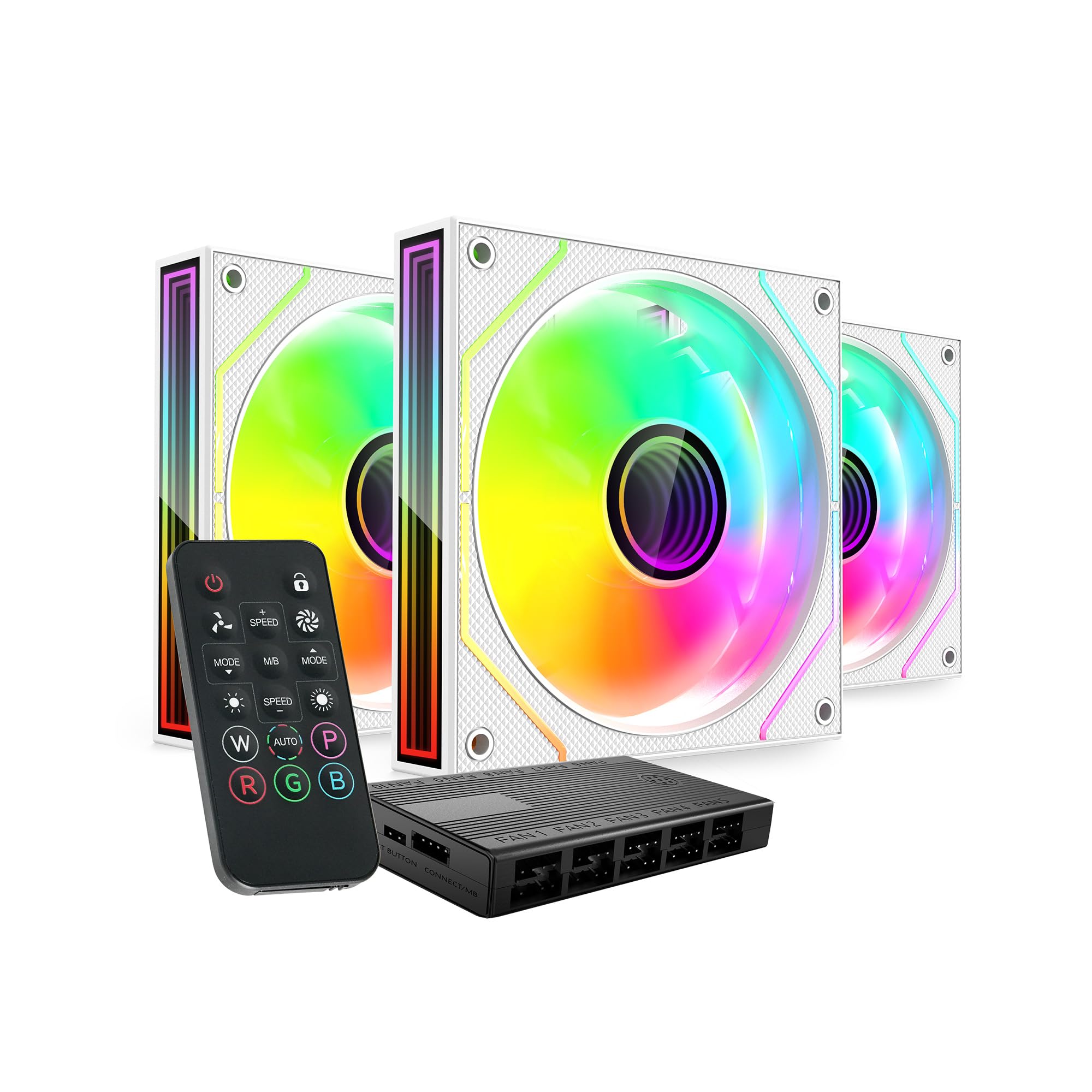 MARS GAMING MF-3DPROKIT, Kit 3x Ventiladores PWM 120mm, Iluminación ARGB Infinity Mirror 3D, Sistema Control PWM, Rodamientos FDB, Mando a Distancia y HUB, Compatibilidad Total ARGB, Blanco