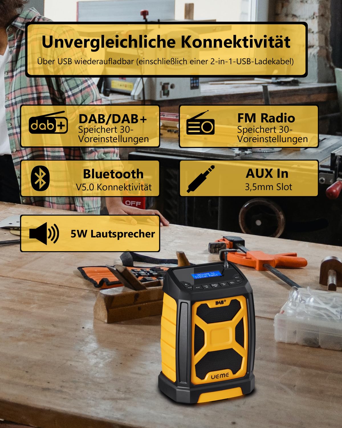 Baustellenradio Mit Akku Aufladbar (6000mAh), Tragbares DAB+/FM Radio, Bluetooth Lautsprecher & Dual Radiowecker,Starkem Empfang, Staubbeständig/Stoßfest für Baustelle/Camping/Garten (Gelb)