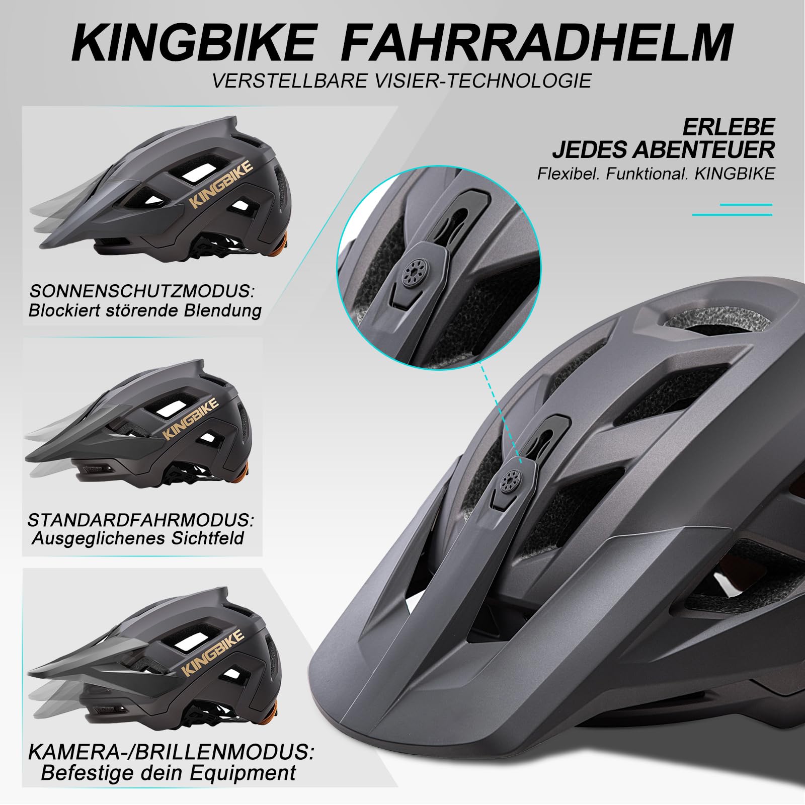 Casco da ciclismo per mountain bike, casco da MTB, visiera regolabile, per uomo, donna, adulti, ragazzi (grigio scuro, oro, M)