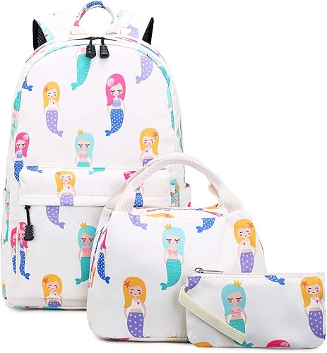 Abshoo Lindas mochilas ligeras para niños y niñas, juegos de mochila para escuela primaria, Conjunto Sirena Beige, Suave
