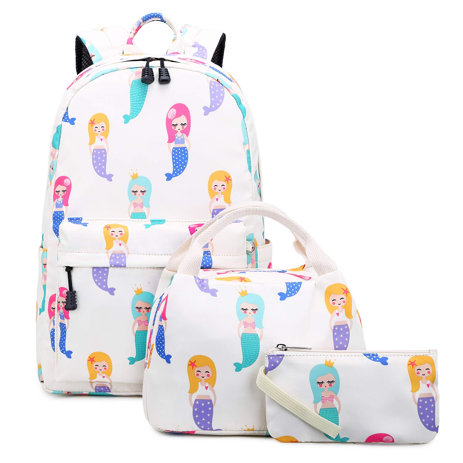 abshoo Lightweight Cute Mermaid Backpacks For School Kids Girls Backpack With Lunch Bag (Set Mermaid Beige)