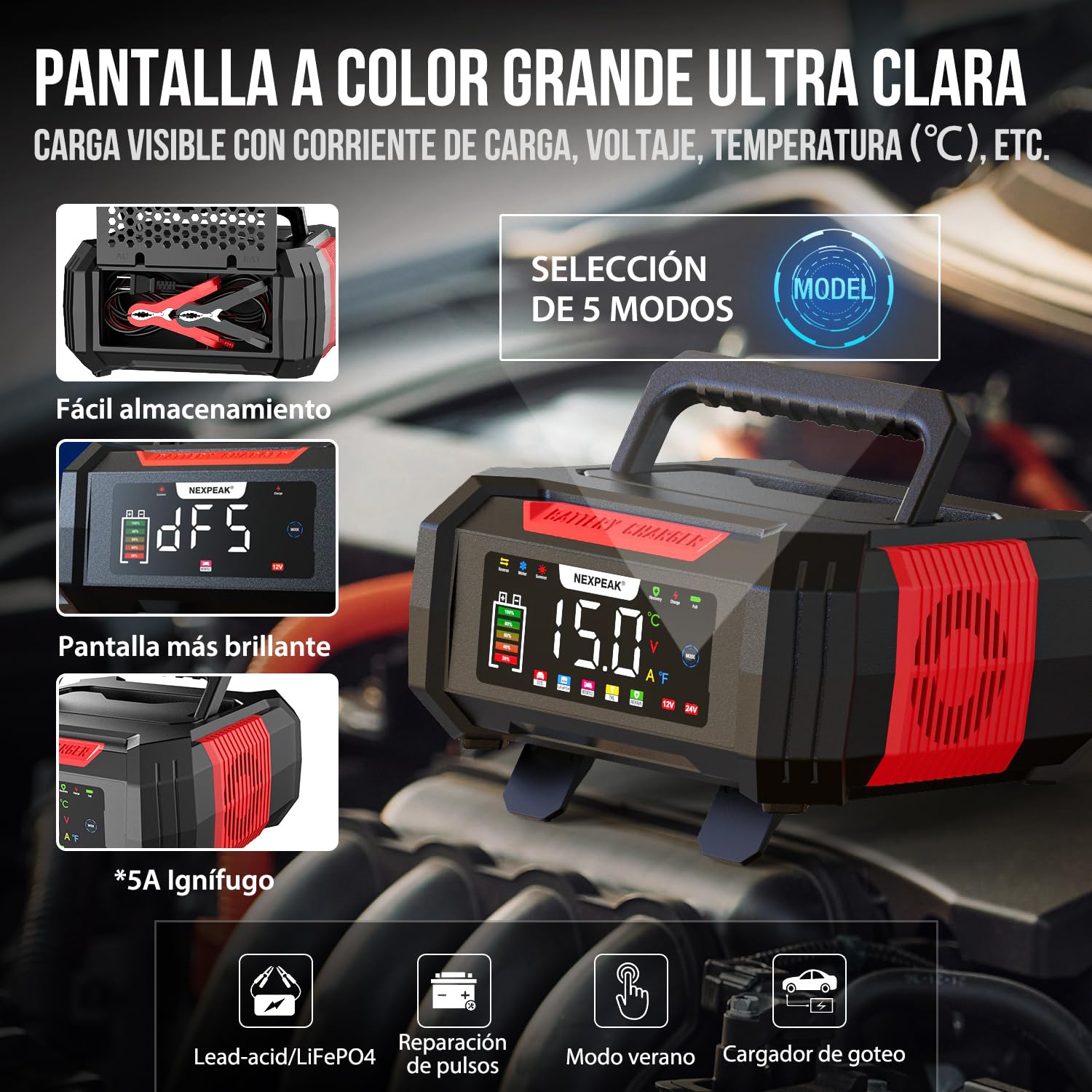 15A Cargador de Batería de Coche, NEXPEAK NC315 12V 24V LiFePO4 Cargador de Batería de Coche Portátil 9-Etapas Batería Inteligente para Coche, Camión, Moto, Cortacésped, Barco, Marina