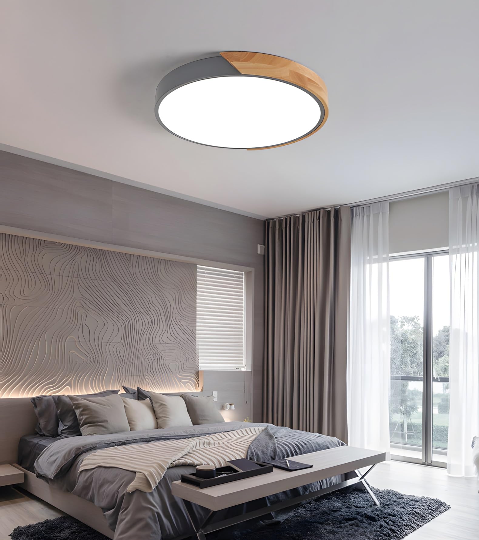 Okrągła lampa sufitowa LED, ściemnialna lampa drewniana, nowoczesna drewniana lampa sufitowa do sypialni, lampa kuchenna, lampa sufitowa do salonu, kuchni, sypialni (szary, 30 cm)