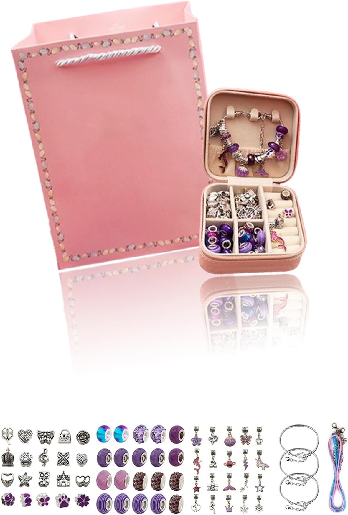 – Sweet seven Charm Bracelet Making Kit for Girls 68 Pcs DIY Beads Necklace kit with Jewelry Box Jewelry Making Charm Pendants Craft Gifts with Gift Box for Teen Girls Age 6 7 8 9 10 11 12 Years(Purple)