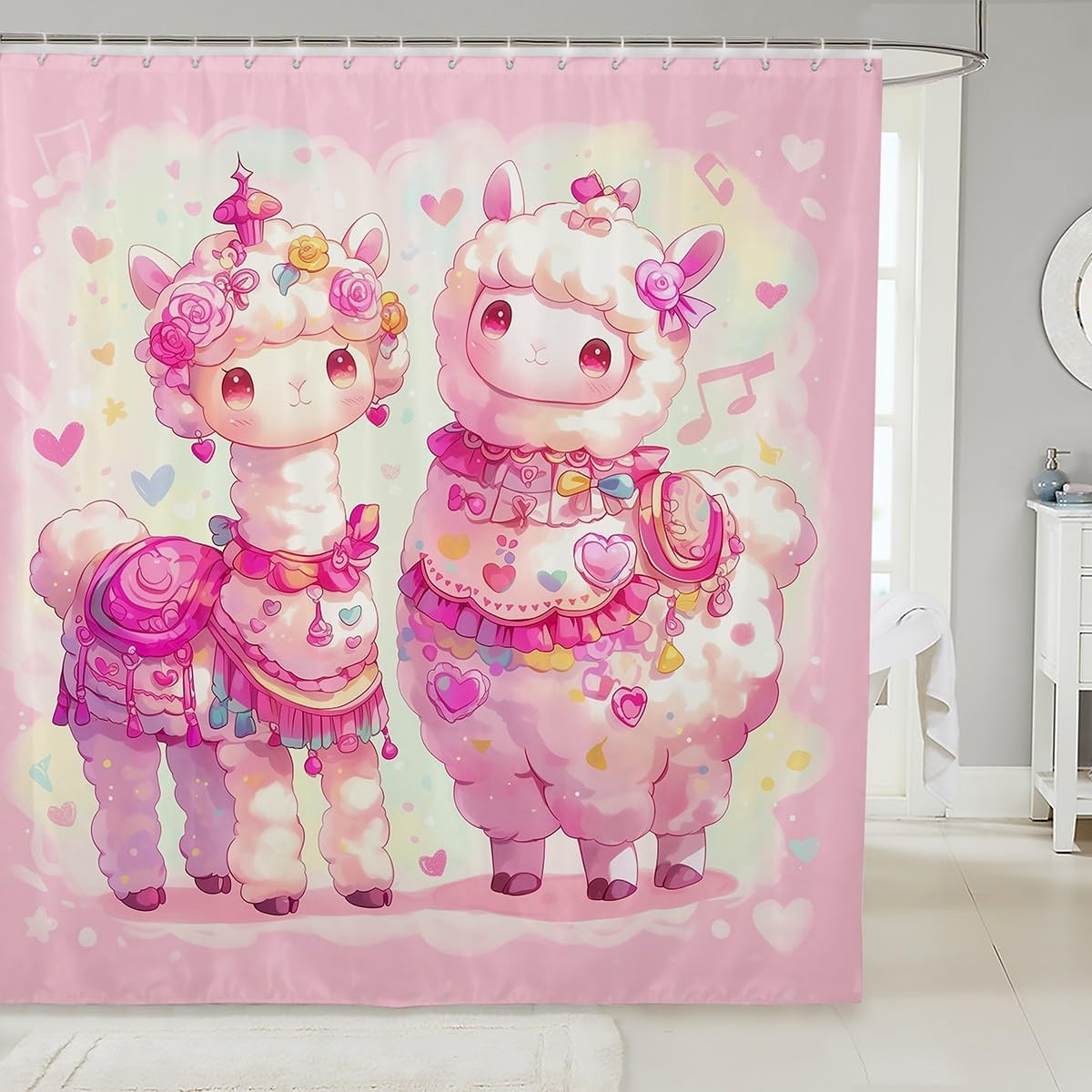 Lovely Alpaca Shower Curtain Watercolor Pink Hearts Decor Sheep Bathroom Curtain for Kids Girls Teens Cartoon Cute Animal Dreamy Graffiti Bath Curtain for Room with 12 Hooks 72" W x 84" L