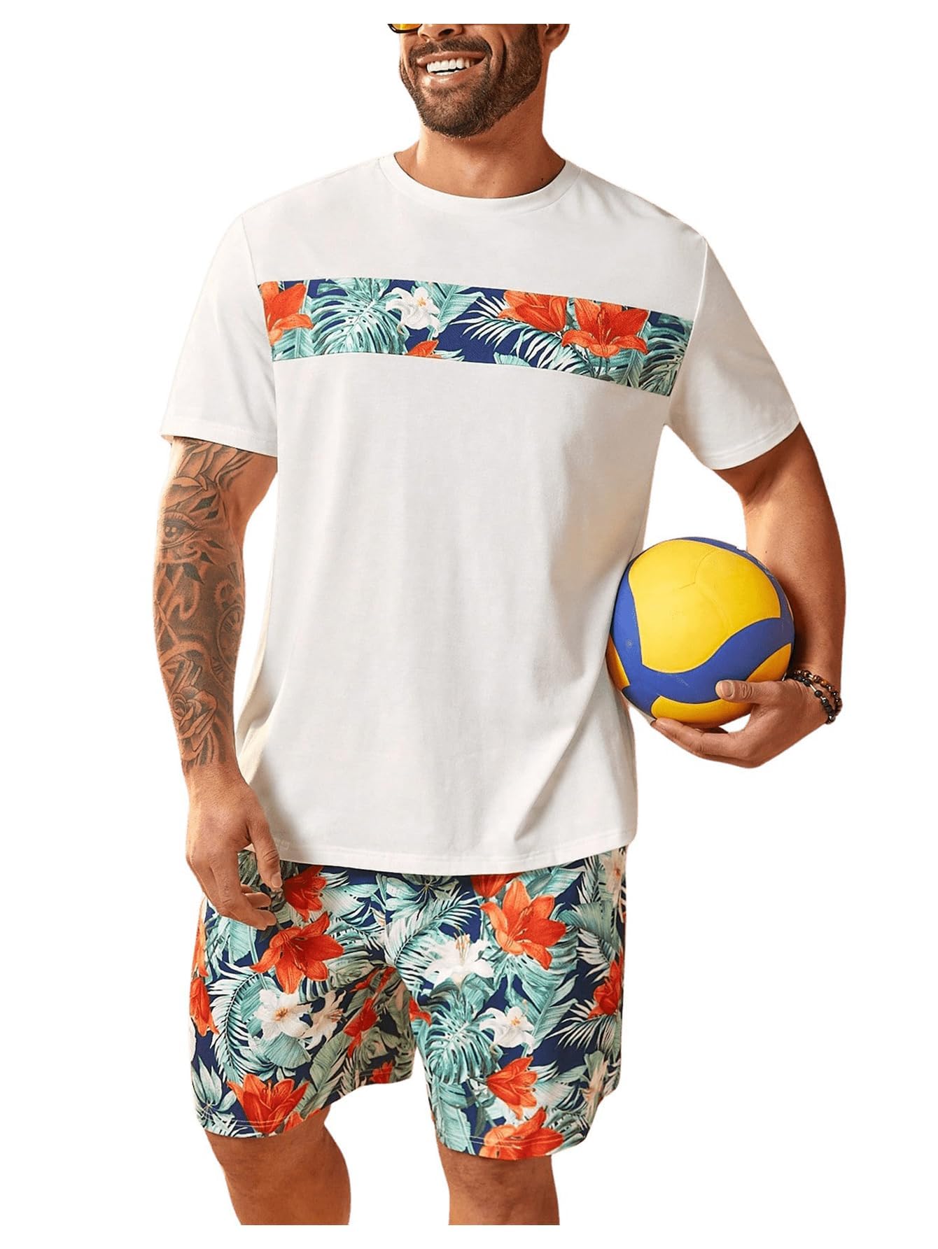 Floerns Conjunto de 2 piezas para hombre, camiseta con estampado de árbol y pantalones cortos de playa