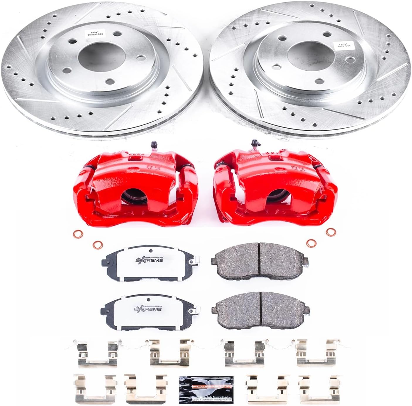 PowerStop Front Brake & Caliper Kit for Nissan Sentra 2017-18 - Drilled & Slotted Disc Rotors + Carbon-Fiber Ceramic Brake Pads + Red-Powder Coated Calipers, KC6094-26