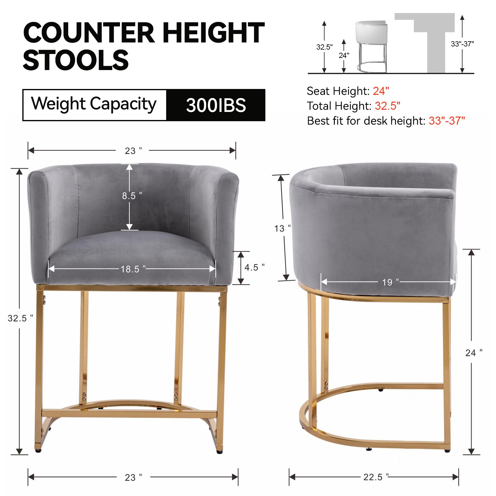 Photo 1 of RIVOVA Contemporary Grey Velvet Bar Stools Set of 3, 24" Upholstered Fabric Counter Height Barstools Kitchen Counter Island Stools with Screwed Together Golden Metal Base
