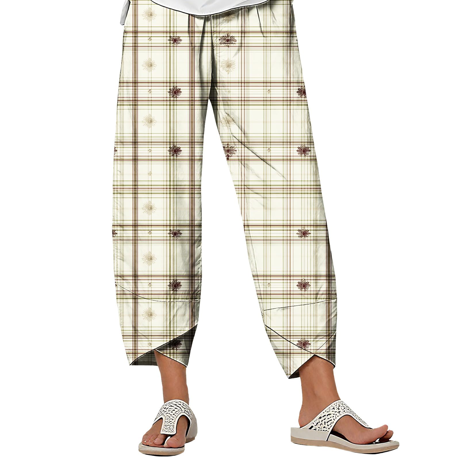 Womens Relaxed Fit Green Plaid Cropped Pants Wide Leg Lightweight Ankle Length Trousers for Casual Wear