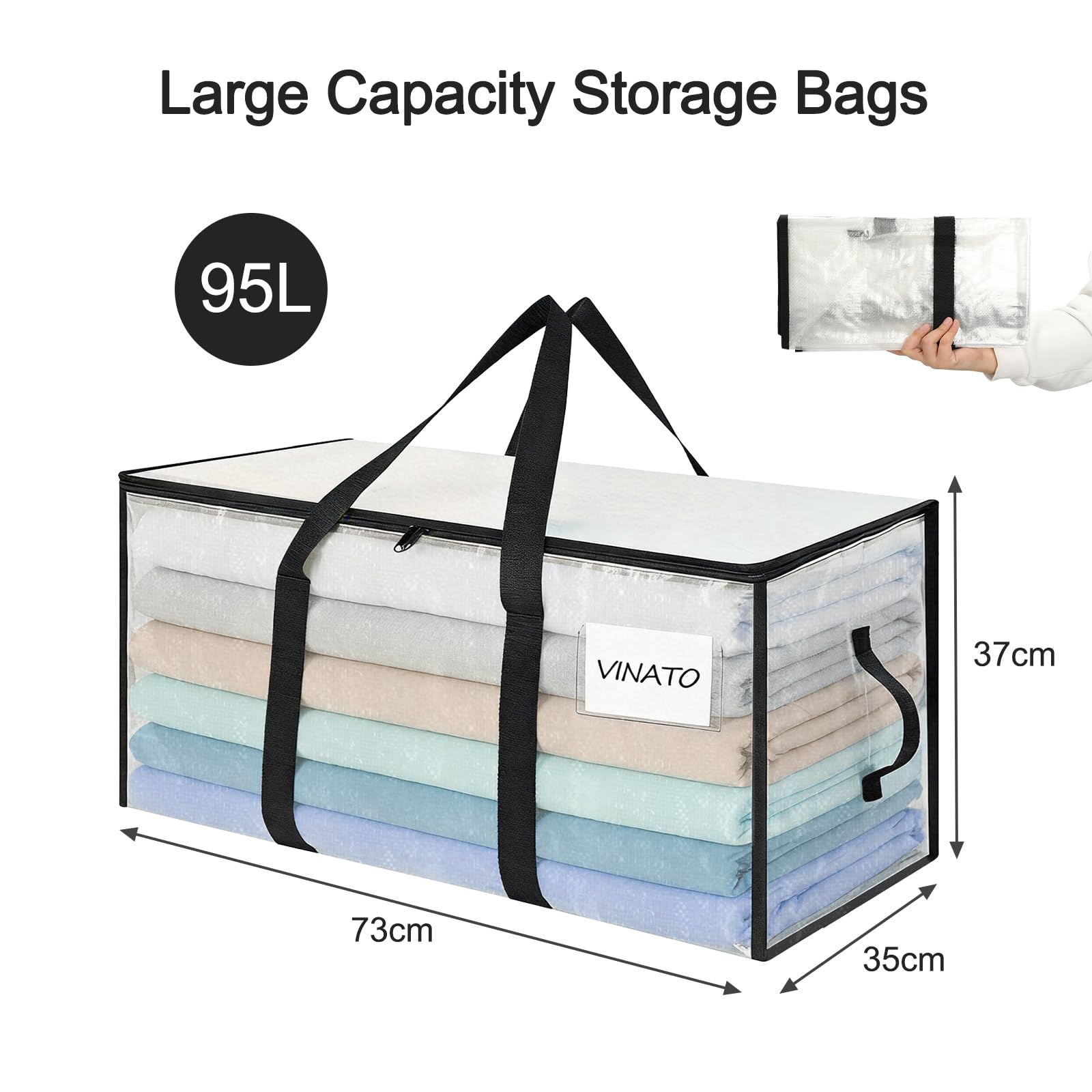 VINATO 4 Borse di Stoccaggio per Coperte, Grandi Borse per Trasloco Trasparenti con Maniglie, Resistenti all'Umidità e alla Polvere - Scatola per Vestiti, Casa, Organizzazione
