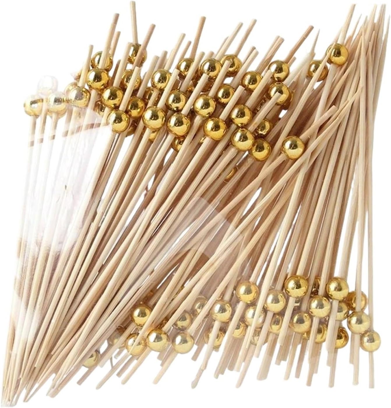 100pcs Wedding Pearl Bamboo Skewers Wooden Cocktail Picks Fruit Snack Fork Skewer Party Supplies(Golden)