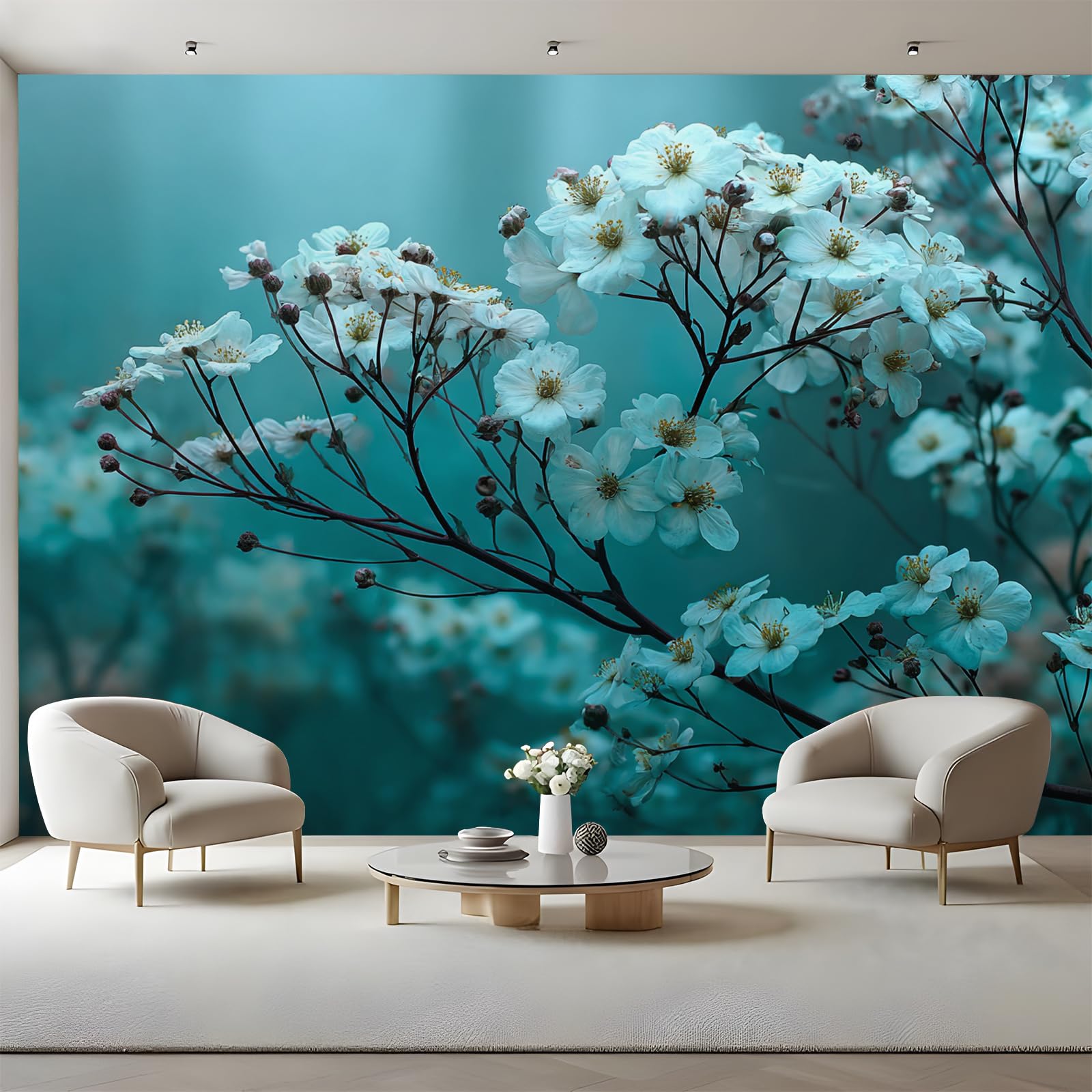 Grand poster mural en toile papier peint floral blanc bleu vert moderne décoration salon