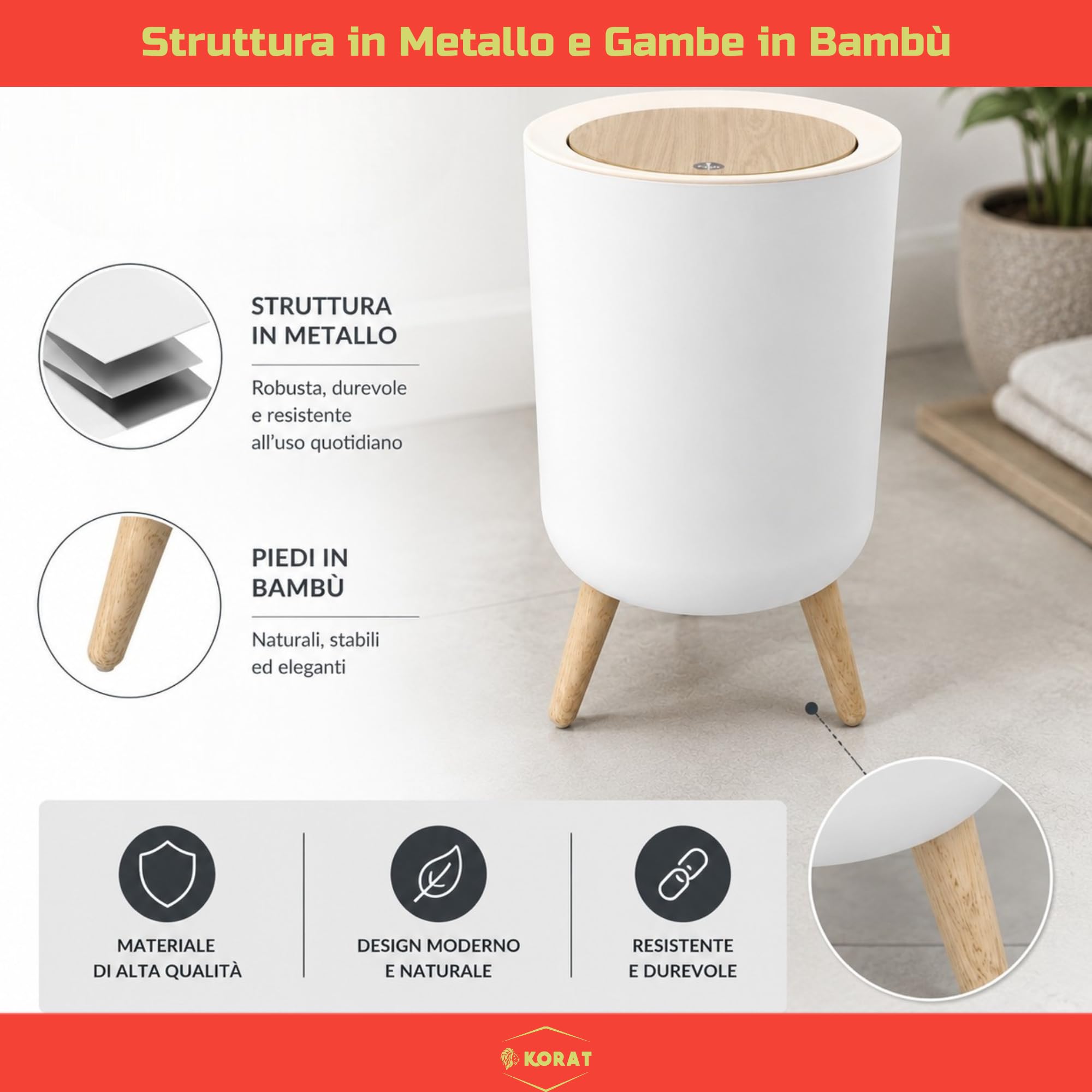KORAT Cestino Pattumiera Bianca 7 Litri – Pattumiera in Metallo con Coperchio Effetto Push e Piedi in Bambù, Design Scandinavo, 22,5x22,5x36,5 cm