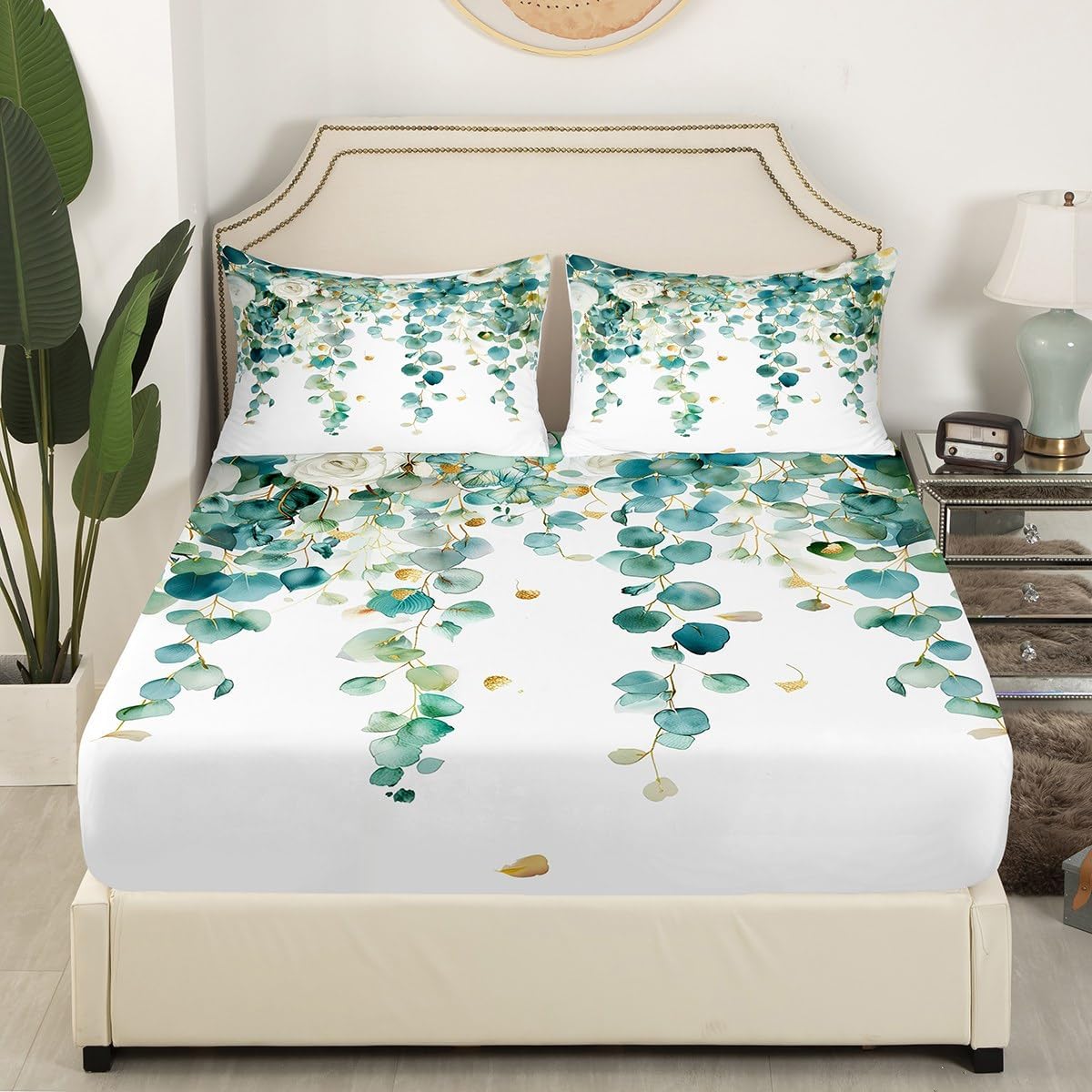 Erosebridal Eucalyptus Leaf Fitted Sheet Queen,Green Plant Floral Bedding Set for Kids Teen Adults,Spring Botanical Eucalyptus Bed Sheets Watercolor Flowers Leaves Summer Cozy Sheets