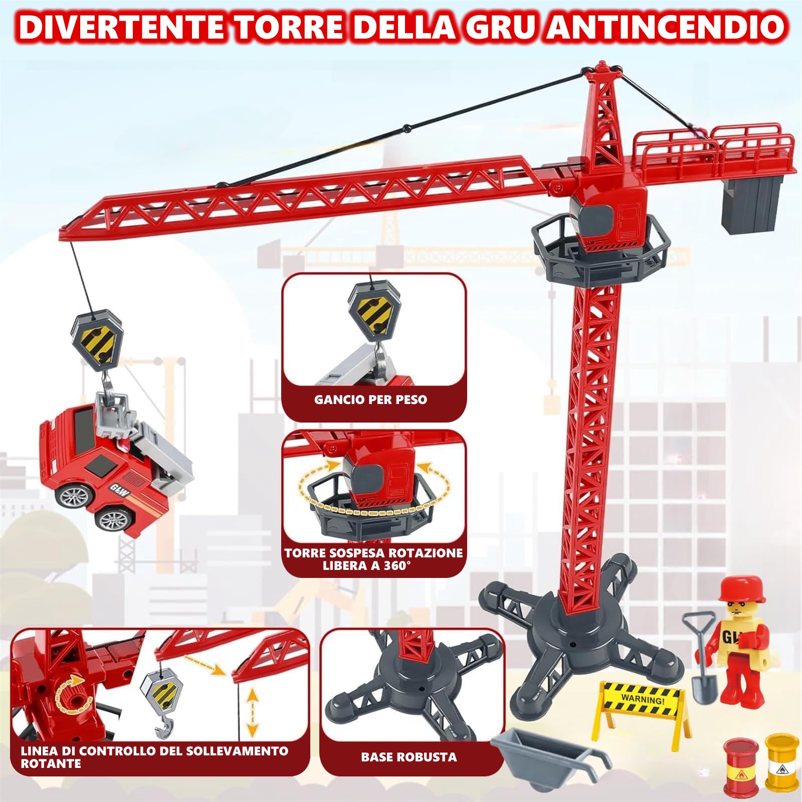 Camion Pompieri per Bambini, Veicoli da Cantiere, Veicolo Giocattolo da Trasporto con Musica e Luci, 6 Mini Camion Pompieri, Giocattolo Della Gru