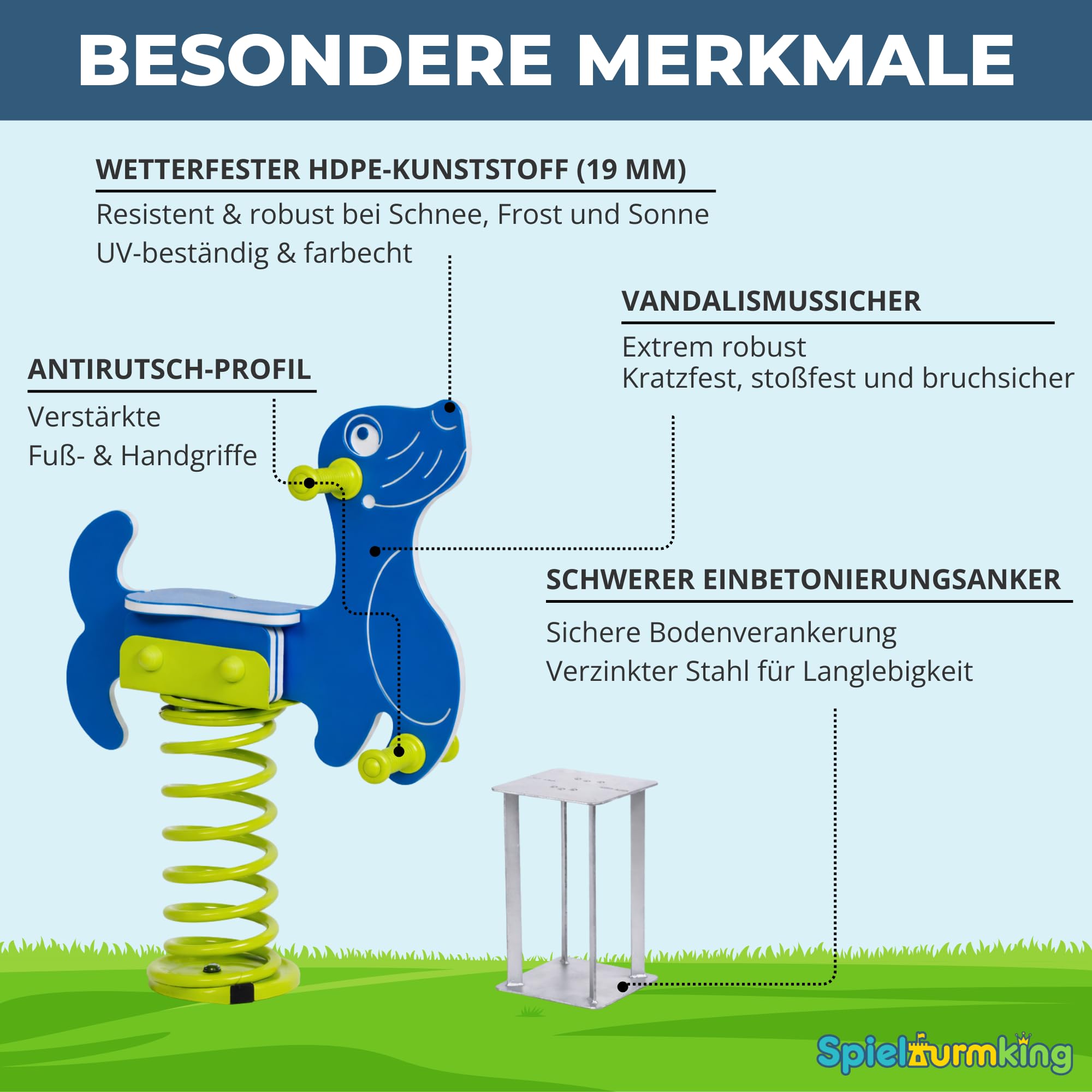Federwippe Seehund Schaukelwippe DIN EN 1176 geprüftes | Wipptier für öffentliche Spielplätze, Kindergarten und Kommunen aus HDPE Kunststoff Federtier inkl Bodenanker