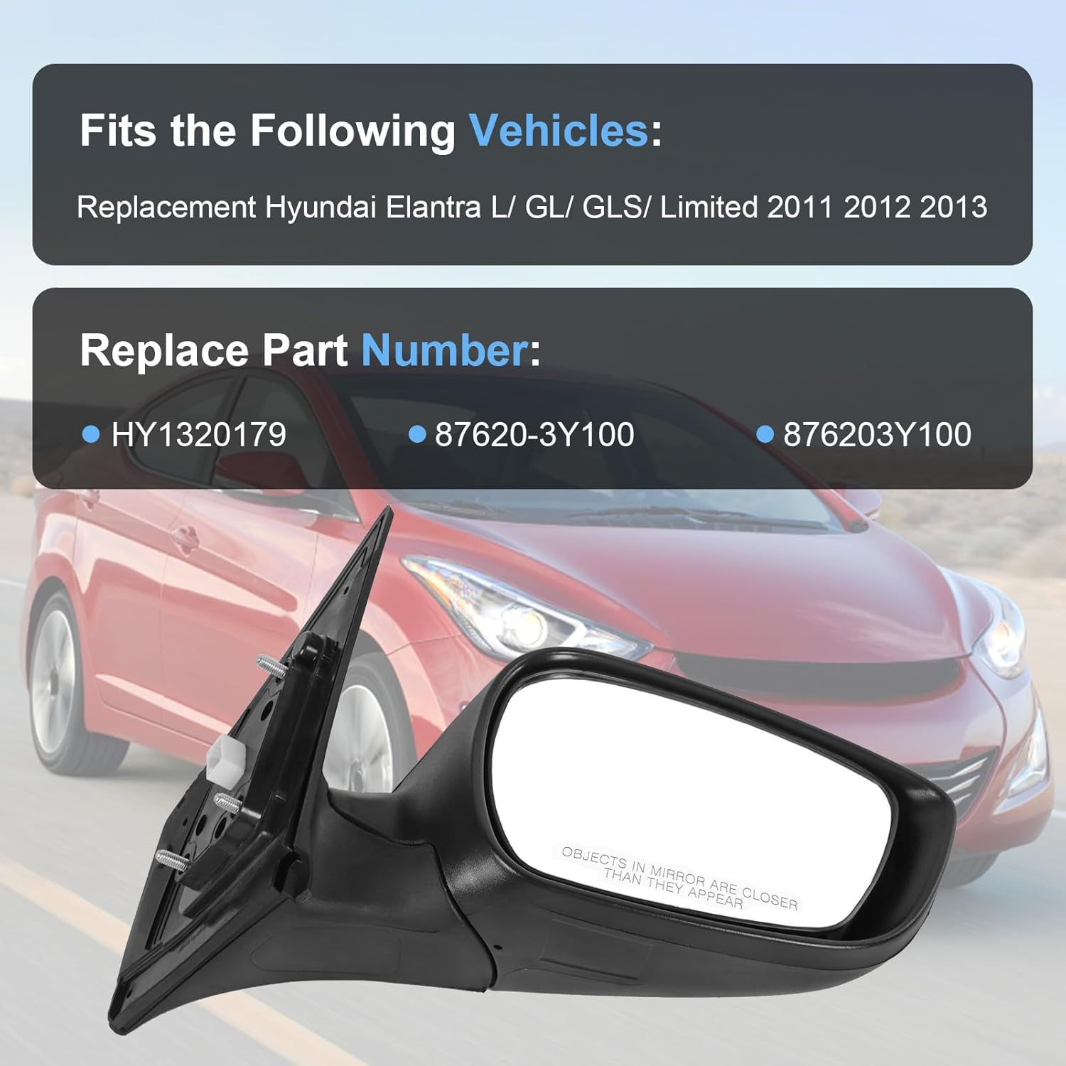 Door Mirror Right Passenger Side Replacement For Hyundai Elantra 2011 2012 2013, Replace HY1321179, Black 5PINS