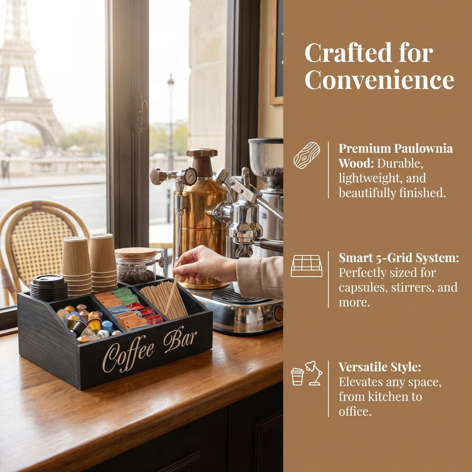 Organizador de Café y Té de Madera de Tung con 5 Compartimentos Estación de Condimentos de Café 30x19,5x12cm Rincon del Cafe para Ordenar Vasos Cucharas Capsulas Azucar con Base Antideslizante